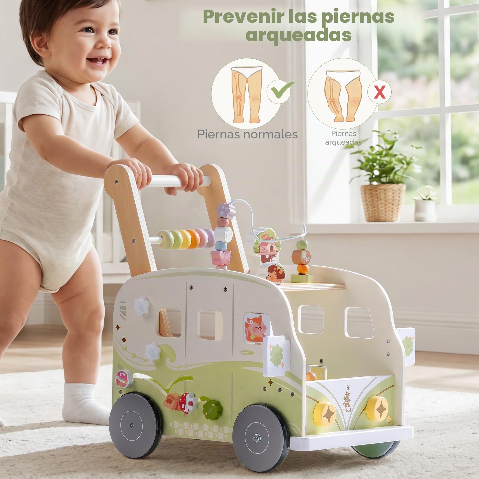 ROBUD Andador de madera, velocidad y altura ajustables, andador para bebé, juguete educativo, regalo para niños y niñas a partir de 10 meses -1-2 años, verde