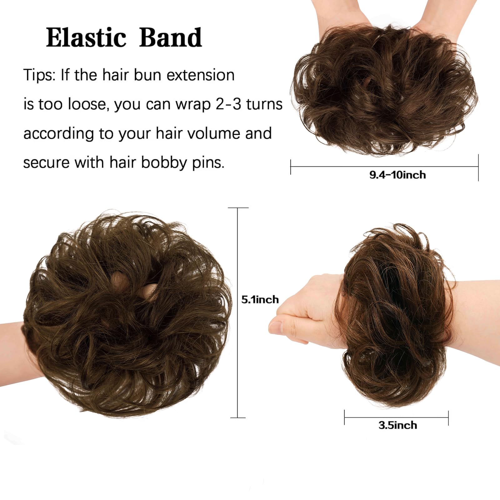 FESHFEN Postiche Chignon Naturel - 100% Humains Cheveux Ondulés Chouchou Postiches Extension Elastique pour Femme, Blond mélangé Chatain Clair