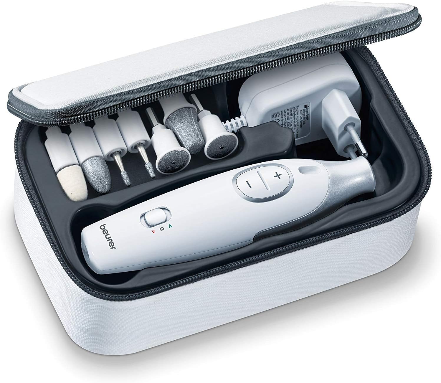 Beurer MP 42 Fresa per Unghie Professionale con 7 Accessori in Zaffiro e Feltro, per Manicure e Pedicure e Luce LED, Velocità a regolazione continua in senso orario e antiorario, tappo di protezione