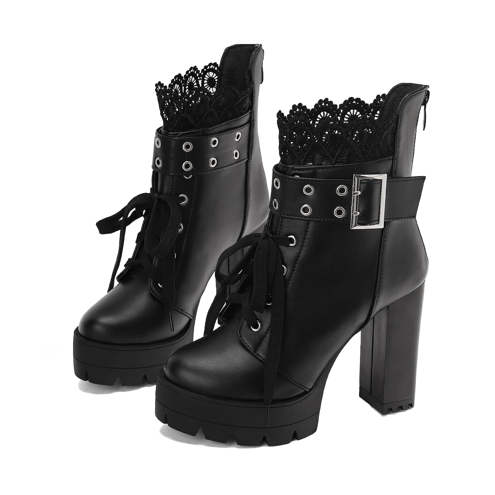 Black High Heel Boots For Women Platform Combat Booties Lace Up Goth Chunky Heeled Ankle Boot with Zipper