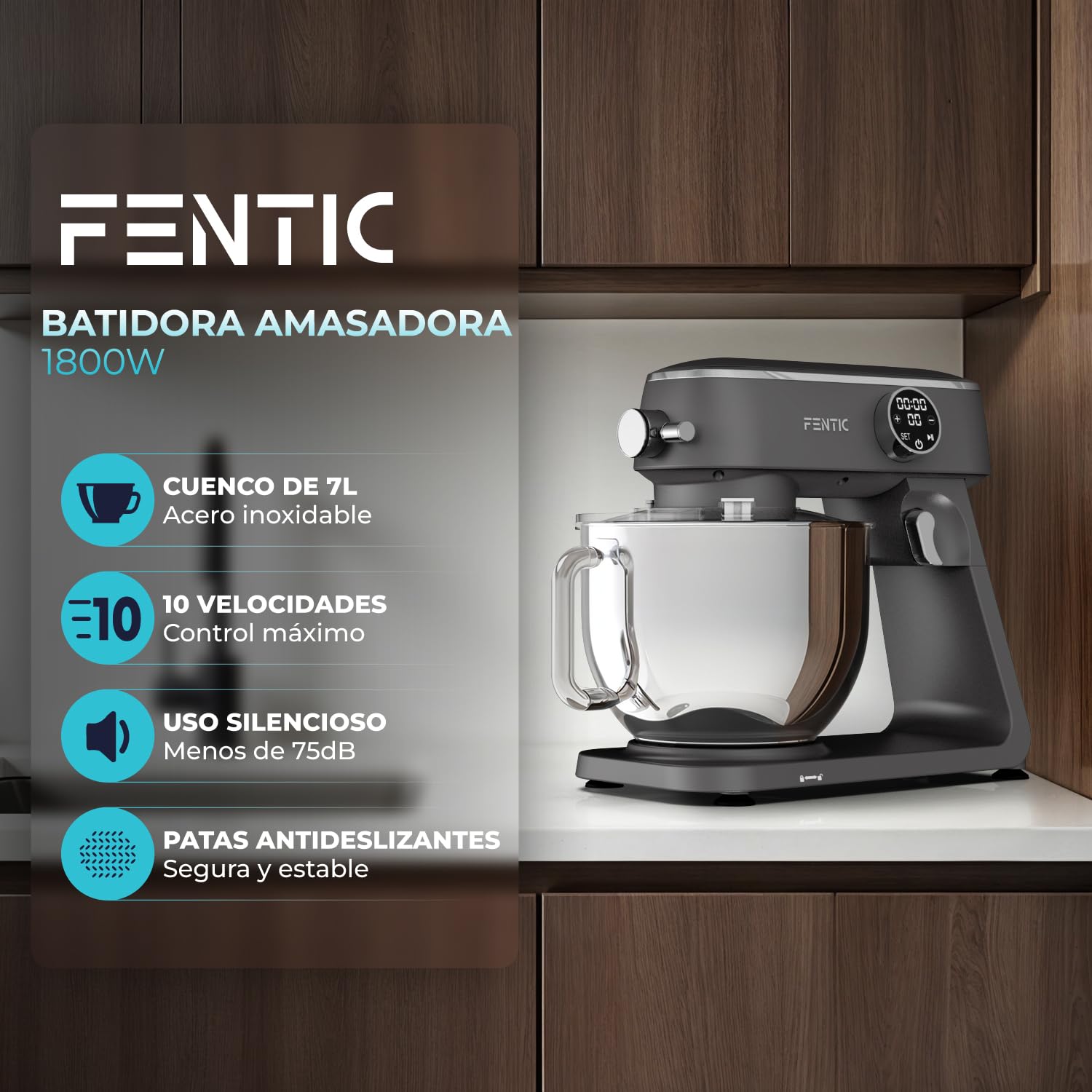 Batidora Amasadora 1800W, Con Bol 7L para Hornear, Mixer con Alloggiamento in Alluminio, Con Batidor, Gancho Amasador y Gancho para Mezclar - Incluye y Accesorios Adicionales