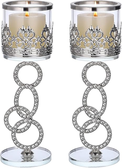Tolida Crystal Glass Tea Light Votive Candle Holder Set of 2 Decorative Clear Glass Aromatherapy Candle Holder for Wedding Birthday Christmas Halloween Party, 21.5cm, Silver