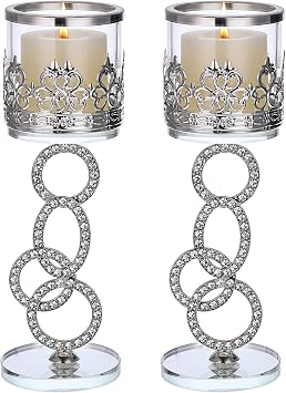 Set of 2 Crystal Glass Tea Light Votive Candle Holder, 21.5cm | Decorative Clear Aromatherapy Candlestick Display Holder for Wedding Birthday Christmas Halloween Party, Silver