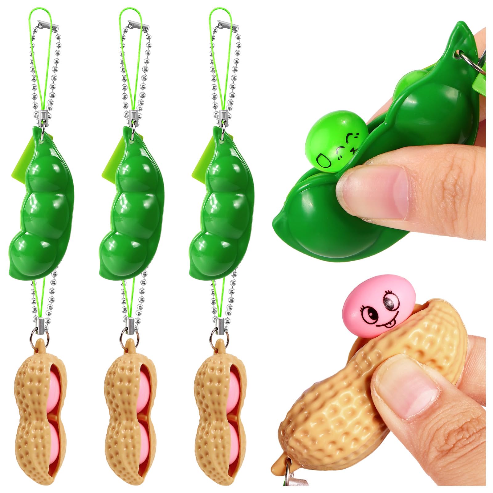 View 1 of ***ONLY 3***6 PCS Squeeze Bean Peanuts Keychain, Pea Peanut Keychain Fidget Toys, Soybeans Peanuts Sensory Fidget Toys Gifts for Kids Adults Stress Relief, Keyring, Decoration, Party Toys Supplies