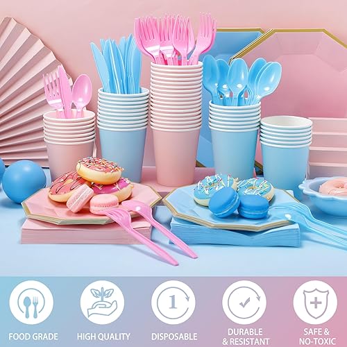 Miniatura 2 de 462 piezas de suministros para fiesta de revelación de género del bebé, vajilla de plástico que incluye platos de papel azul y rosa para 60 tazas de