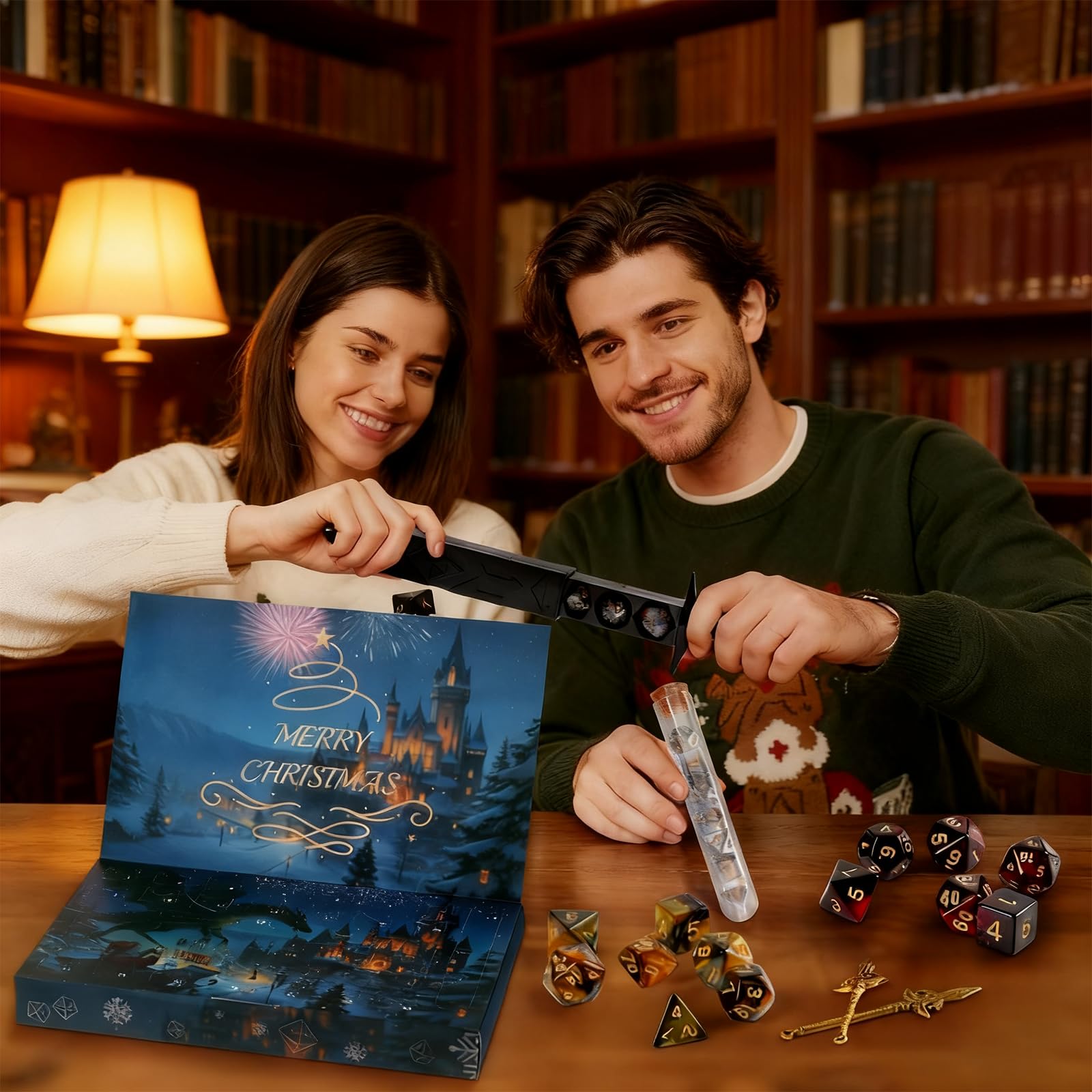 Set de Dados Poliédricos, Dados de Fantasía, Cube para Juegos de Mesa, Colección de 28 Cubes, Diseño Dos Colores con Caja Espada, para Juegos de rol y Estrategia
