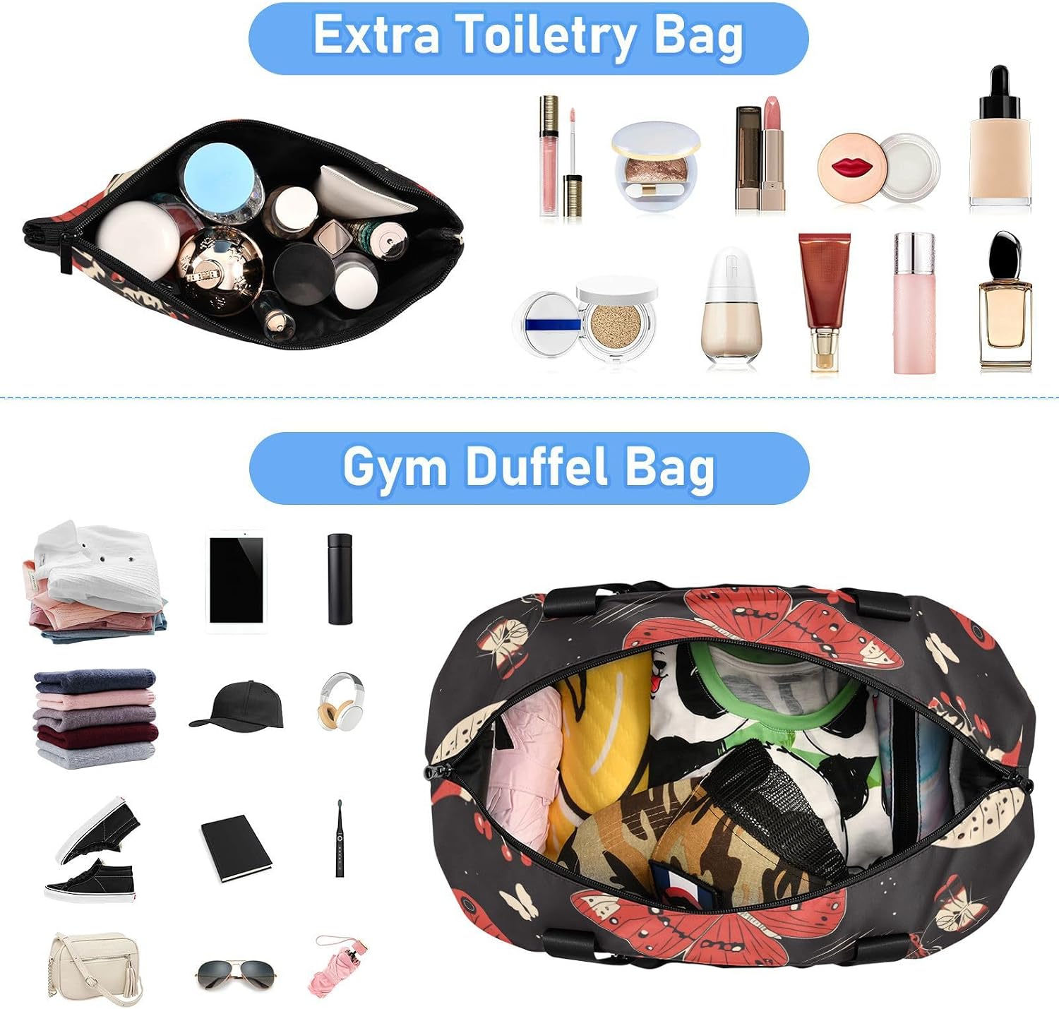 Butterflies Valentine Black Red Large Bag Sports Gym Tote Bag with Toiletry Bag for Airplane Traveling Multifunctional