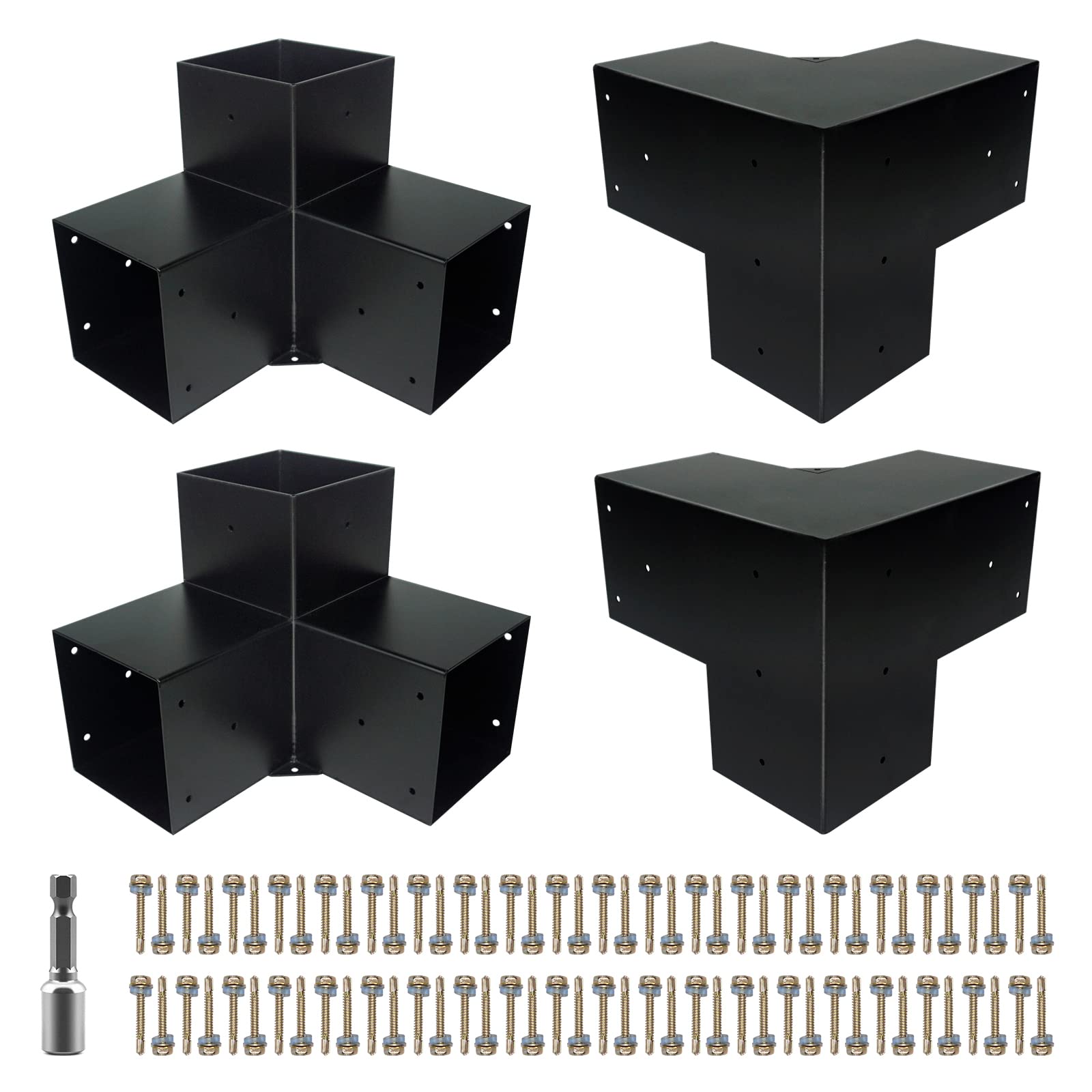 3-Way Pergola Brackets Kit,Woodwork Right Angle Corner DIY Brackets for 6" x 6" (Actual:5.5"x5.5") Lumber for Outdoor Pergola,Gazebos,Log Cabins W/Hardware (4 Pack)……
