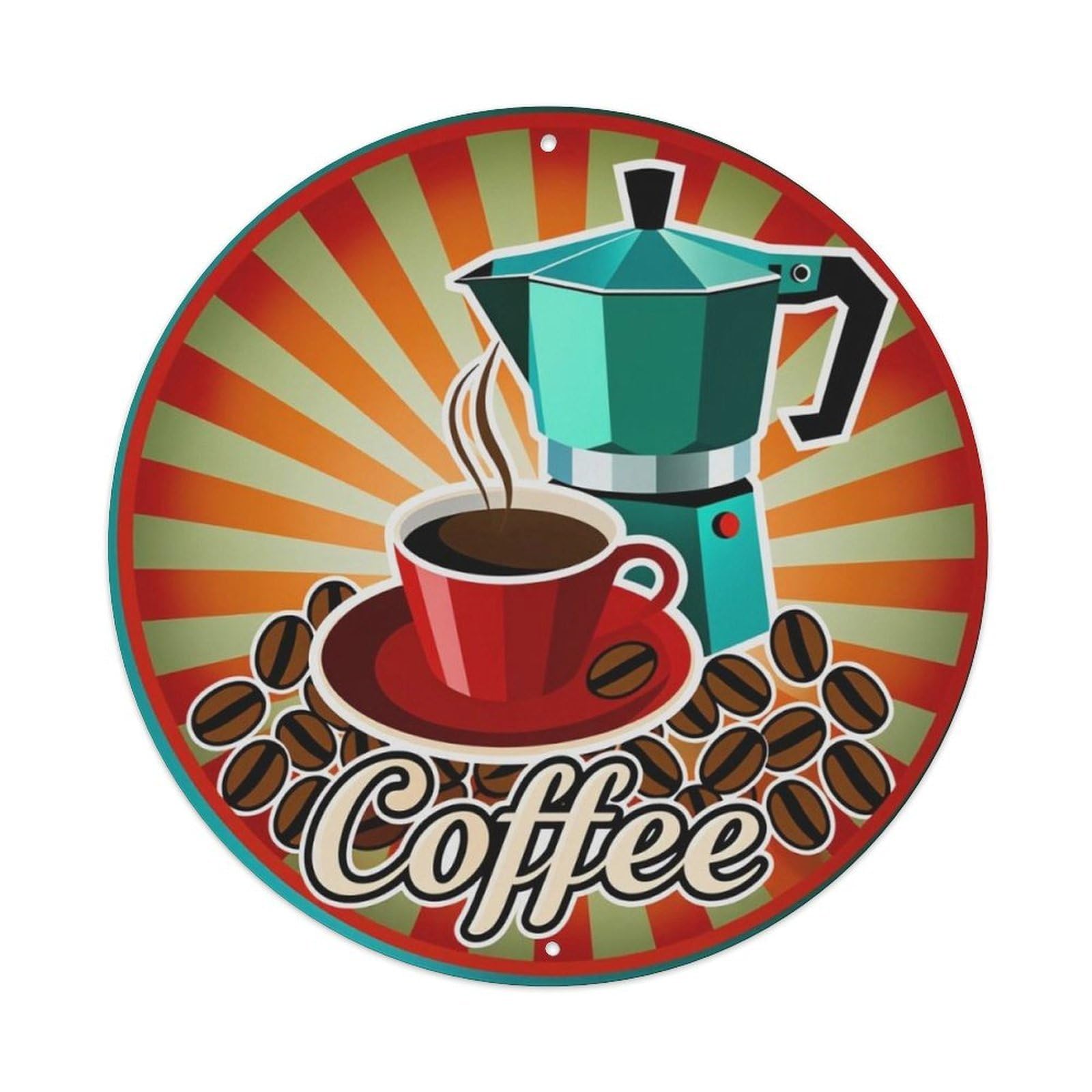 Vintage Moka Pot Coffee Bean Round Sign Vintage Aluminium Metal Sign, Retro Wall Decor for Home, Bar, Garage & Farmhouse 20x20cm