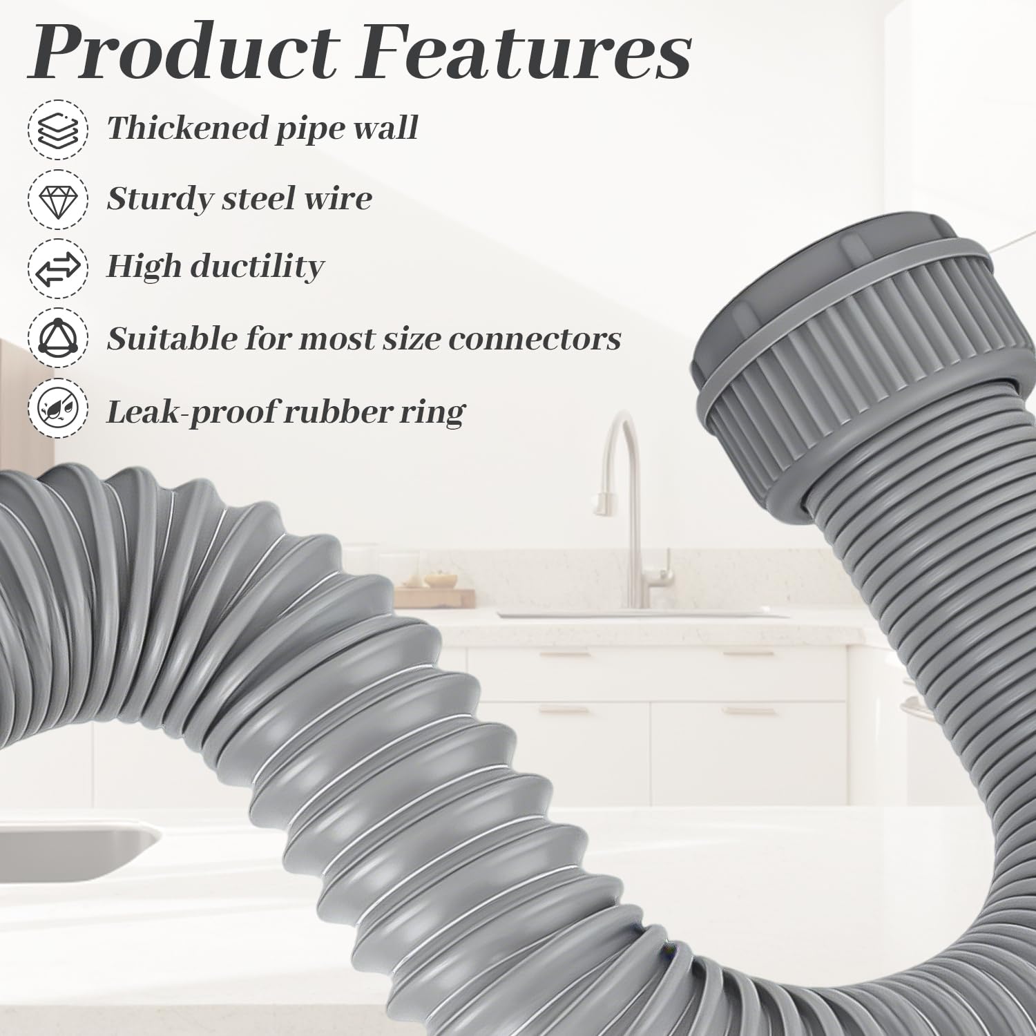 Tubo de desagüe flexible 45 mm, tubo extensible para fregadero, manguera con refuerzo de acero, adaptador 40 mm, kit duradero para cocina y baño (Gris) — view 3