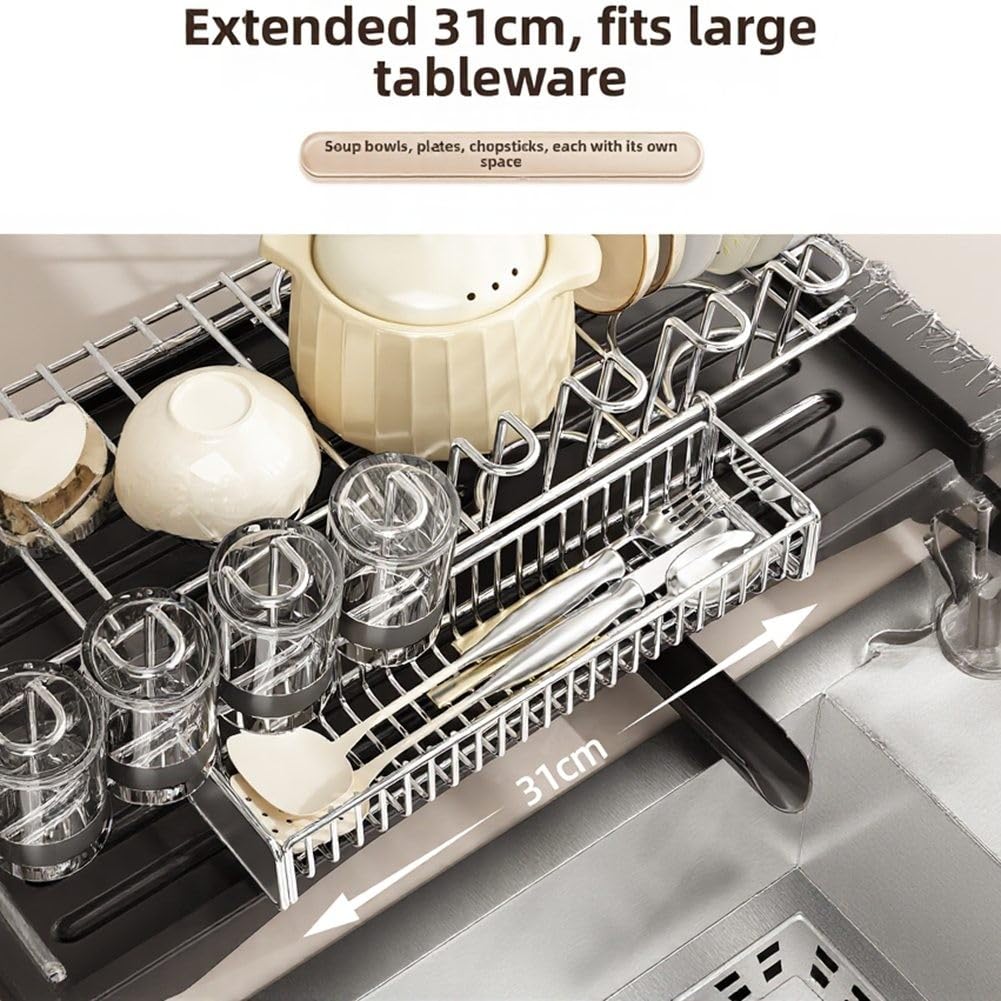 Égouttoir à vaisselle en acier inoxydable 304 robuste avec porte-ustensiles et plateau d'égouttement, design en forme de V pour un séchage rapide, organiseur d'évier de cuisine pour assiettes
