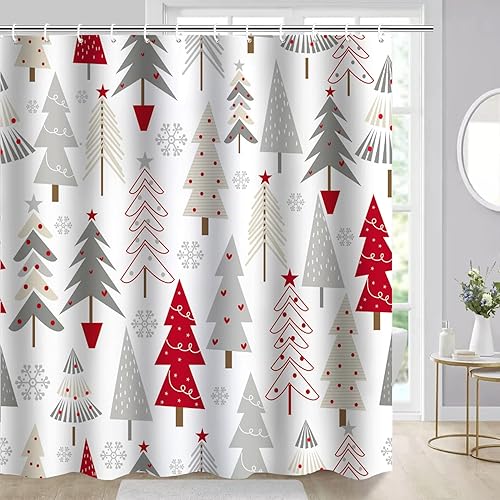 Miniatura 5 de Cortina de ducha de Navidad, árbol de Navidad, cortina de baño con diseño de estrellas y estrellas, bonitas cortinas de baño de invierno con ganchos