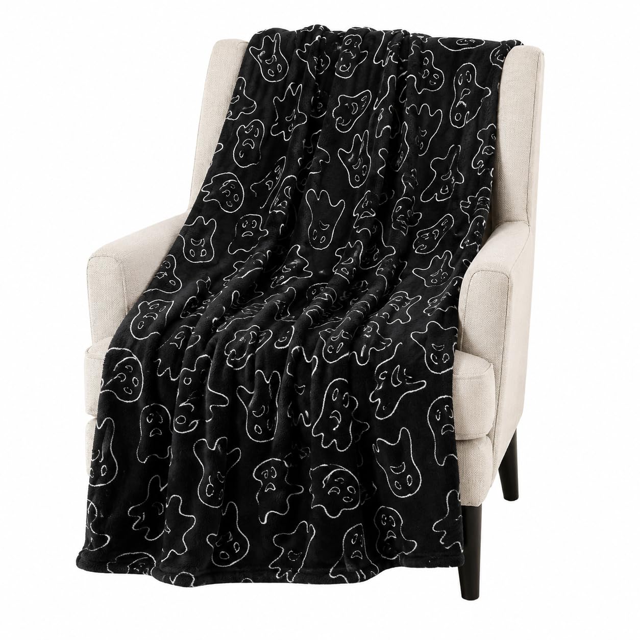 Serafina Home Halloween Ghost Fleece Throw Blanket, 50 x 70 inches, Black and White for Sofas, Chairs, beds