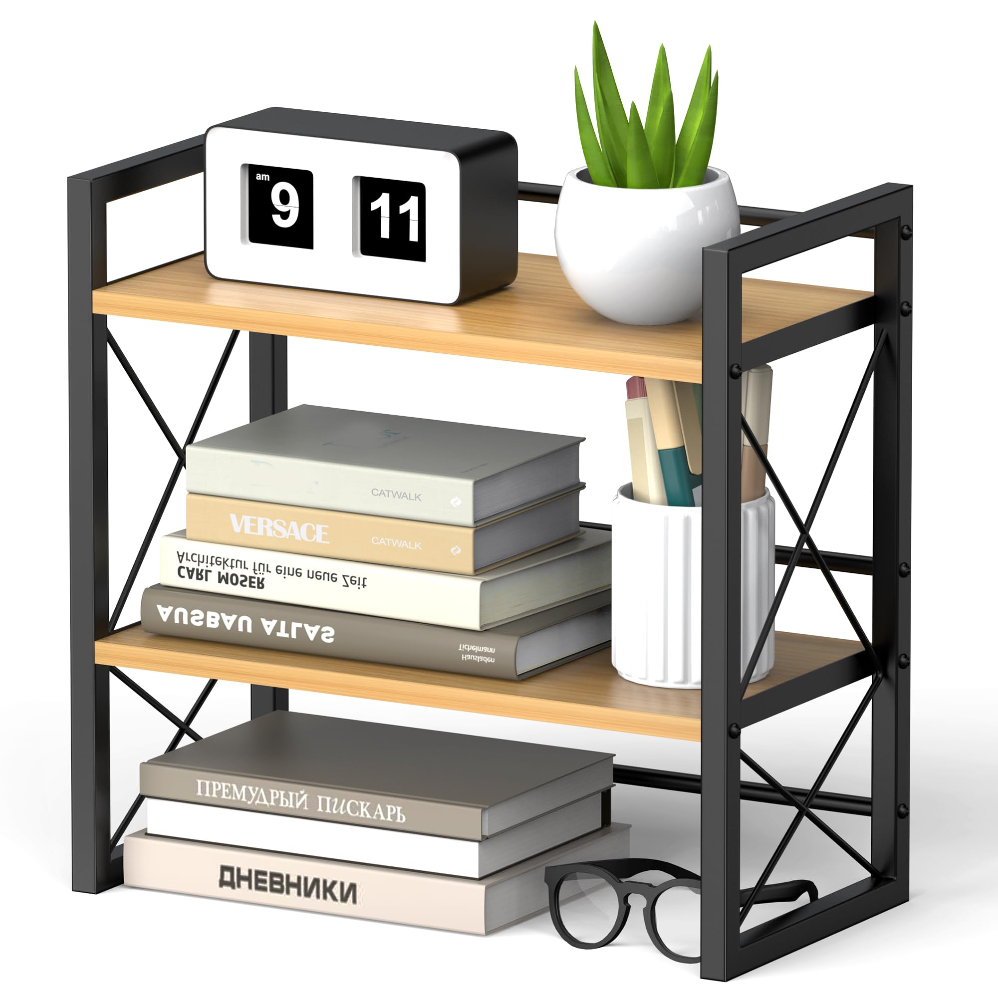 Alytree Desk Shelf Organizer, Wood Desktop Bookshelf Supplies Storage Rack, Shelf for Living Room, Bedroom, Kitchen and Office, Black