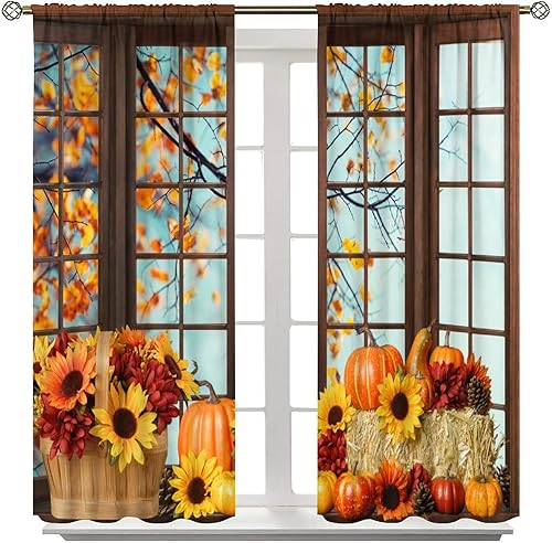 Miniatura 5 de Llylumty Cortinas opacas de otoño fuera de la ventana, hojas de arce, calabaza, girasol, cortinas decorativas para cocina, dormitorio, sala de
