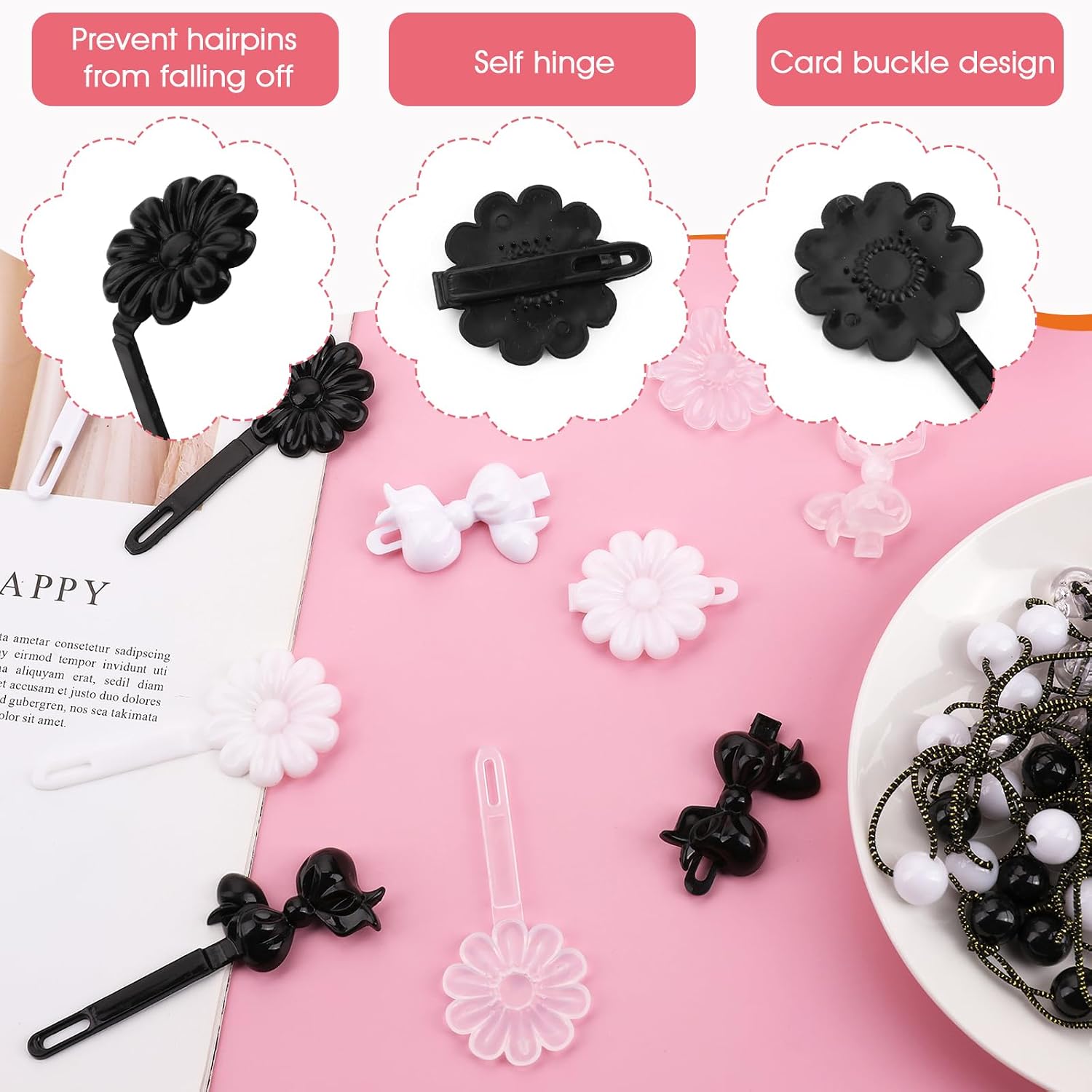 Yolev 72 Pieces Self Hinge Plastic Hair Barrettes for Girls Bowknot and Flower Hair Clips Cute Hair Barrettes 80s 90s Hair Barrette Hair Clip for Girls (Black/White/Transparent)