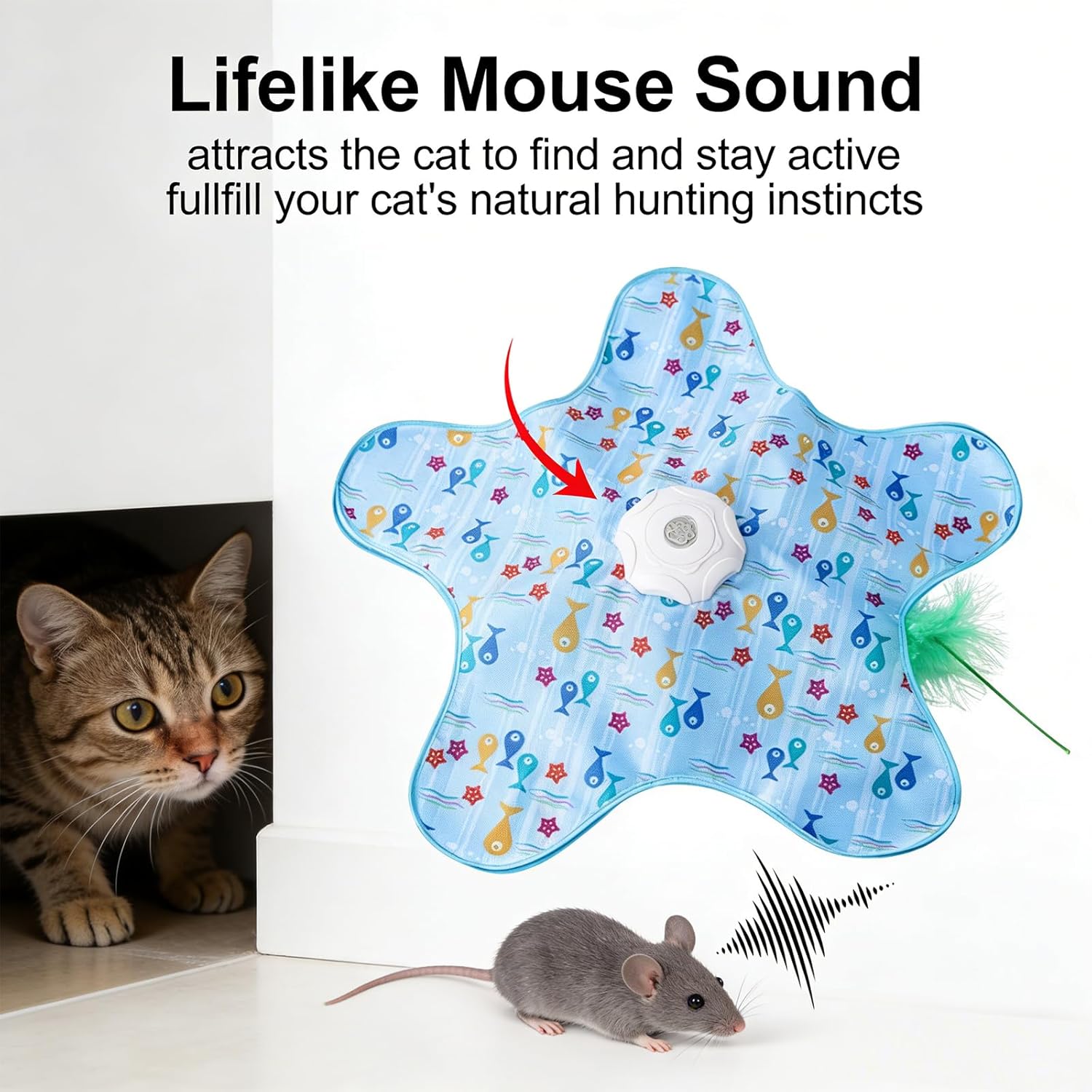 Interactive Cat Toys Rechargeable,Moving Concealed Feathers,Real Mouse Squeaky,Touch Activated Cat Kitten Toy Exercise Toys for Indoor Bored Adult Cats