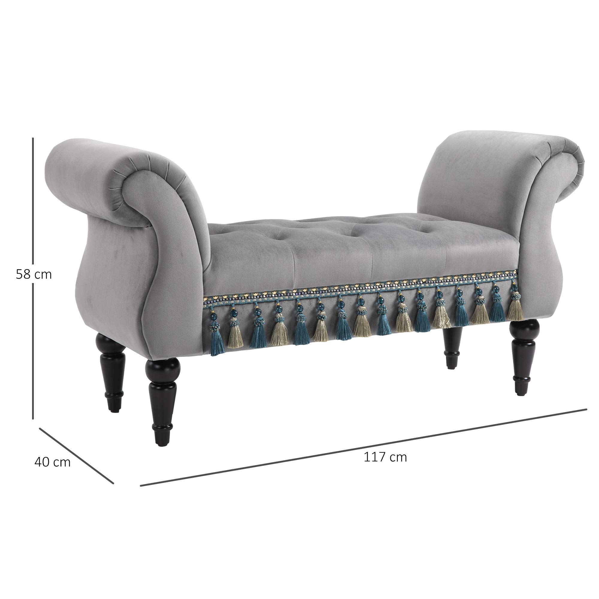 HOMCOM - Banco acolchado de terciopelo para cama con reposabrazos, patas de madera de caucho, 40 x 117 x 58 cm, color gris