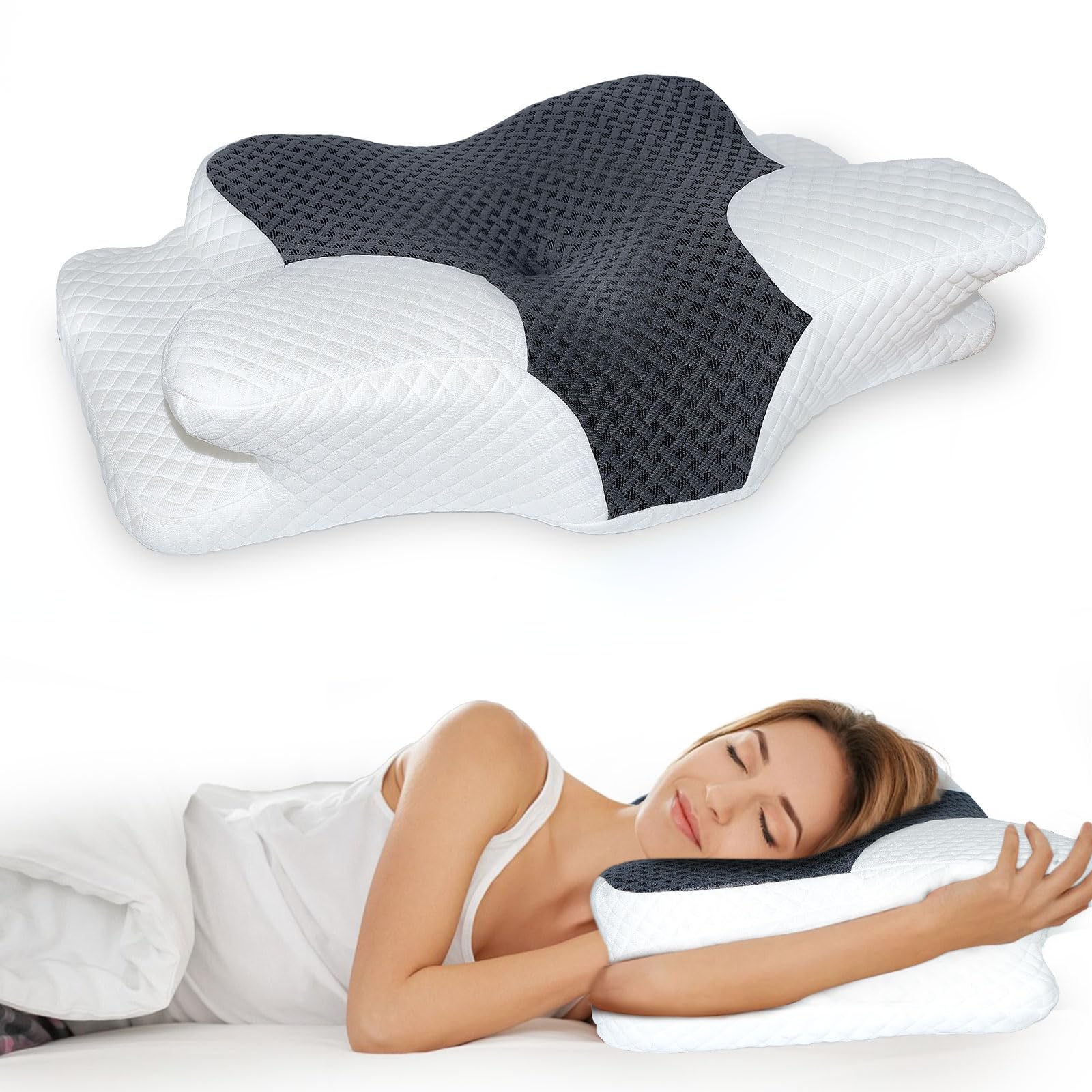 Cervical Neck Pillow for Pain Relief Hollow Design Memory Foam Bed Pillow for Side Back Sleepers Ergonomic Orthopedic