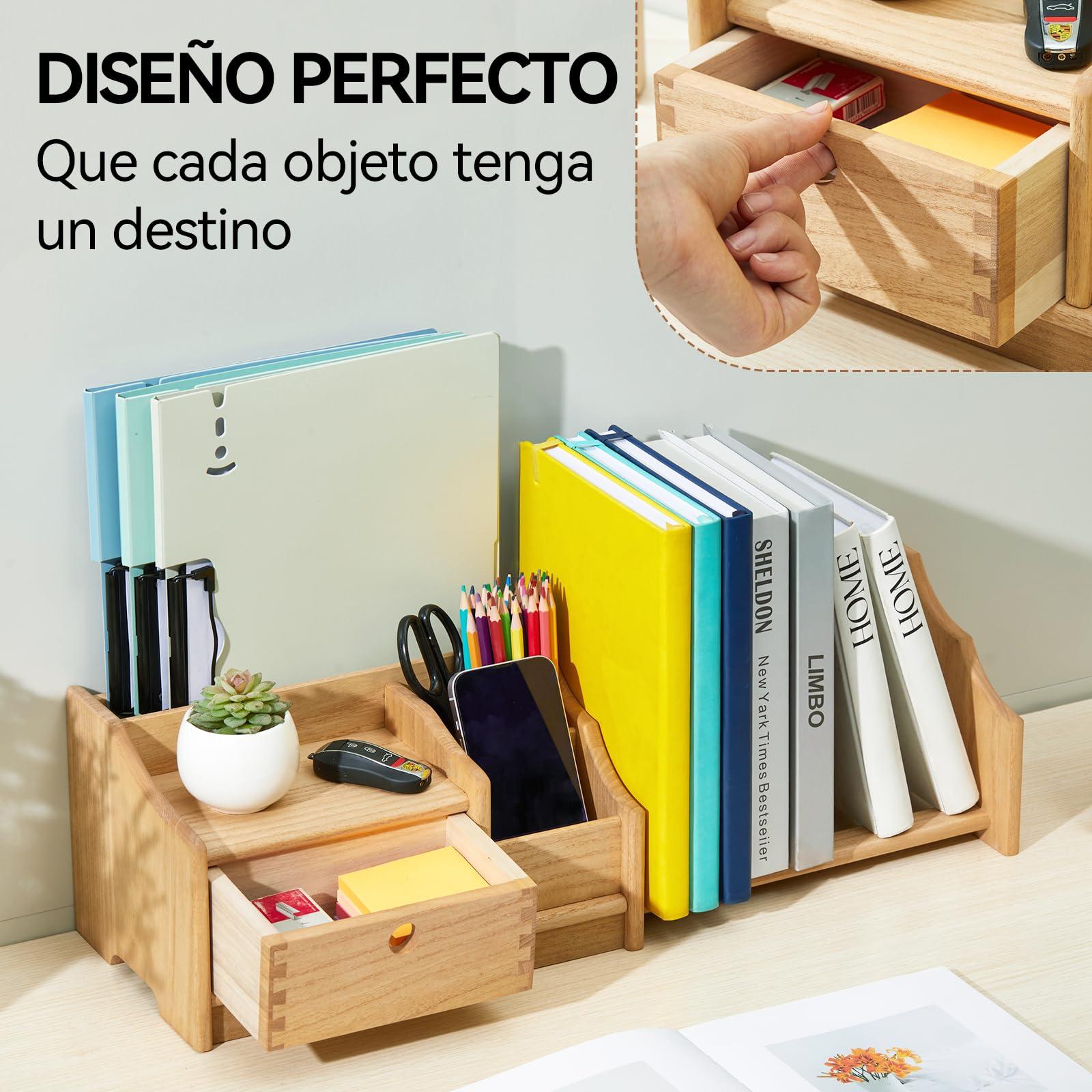 KIRIGEN Estantería de Madera, Organizador de Escritorio Ajustable, Natural