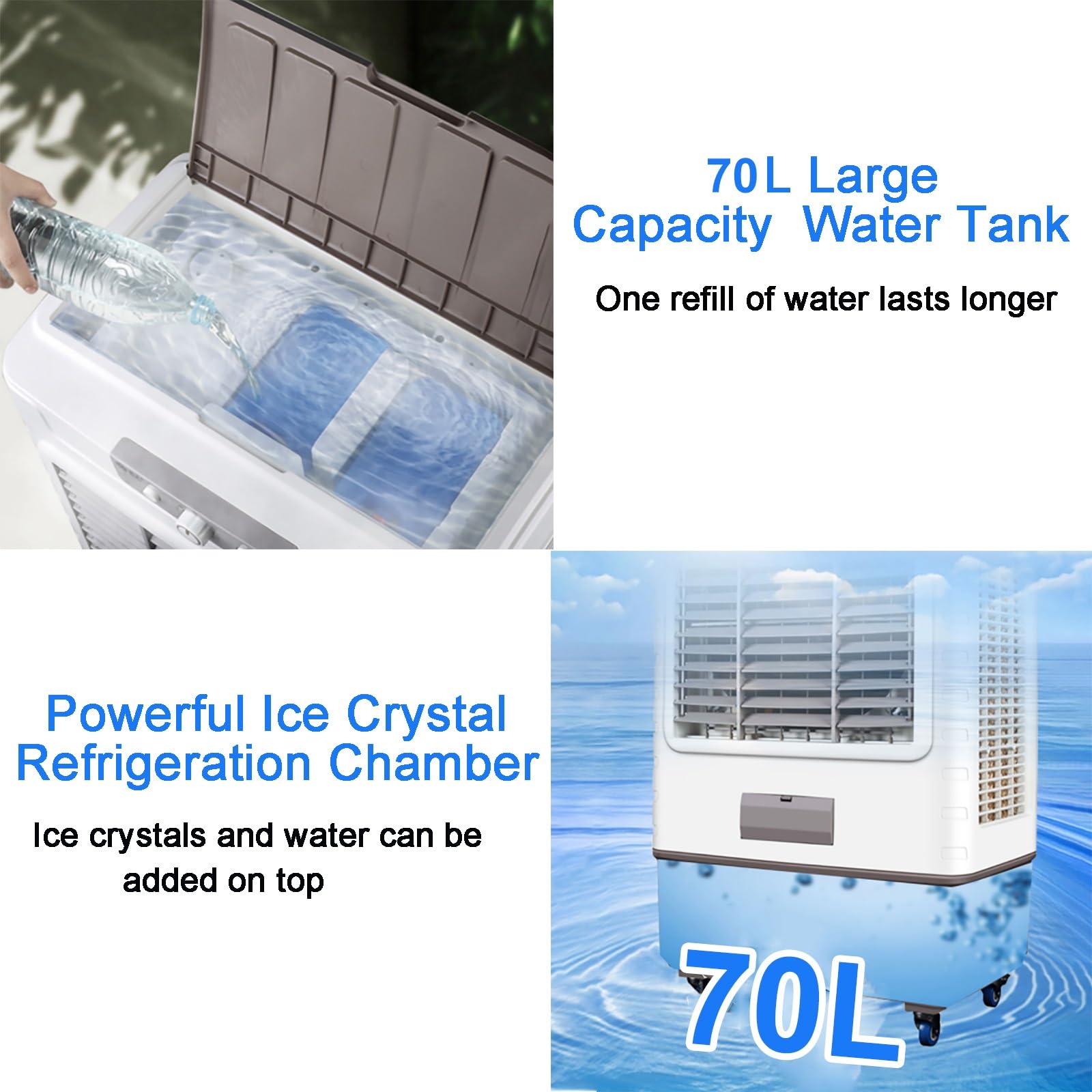 Climatiseur Mobile,Ventilateur rafraîchisseur d'air évaporatif Portable, 3 Vitesses et réservoir de 70 L, Refroidissement écoénergétique pour l'intérieur, l'extérieur et Le Garage