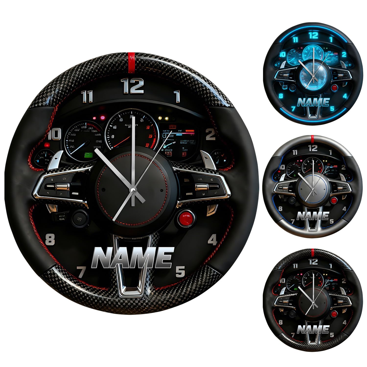 AHROZHOUIK Personalized 2D Car Steering Wheel Dashboard Wall Clock Custom Name Funny Car Steering Wheel Theme Wall Hanging Clocks Bedroom Decor Gifts For Family Friend Xmas Birthday (style 17)