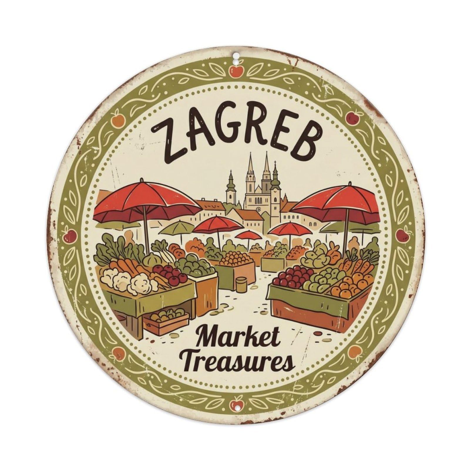 Vintage Travel Zagreb Croatia Market Metal Tin Sign Plaque Wall Decor for Cafe, Club Bar, Office, Home Garden Round Metal Poster 8x8Inch