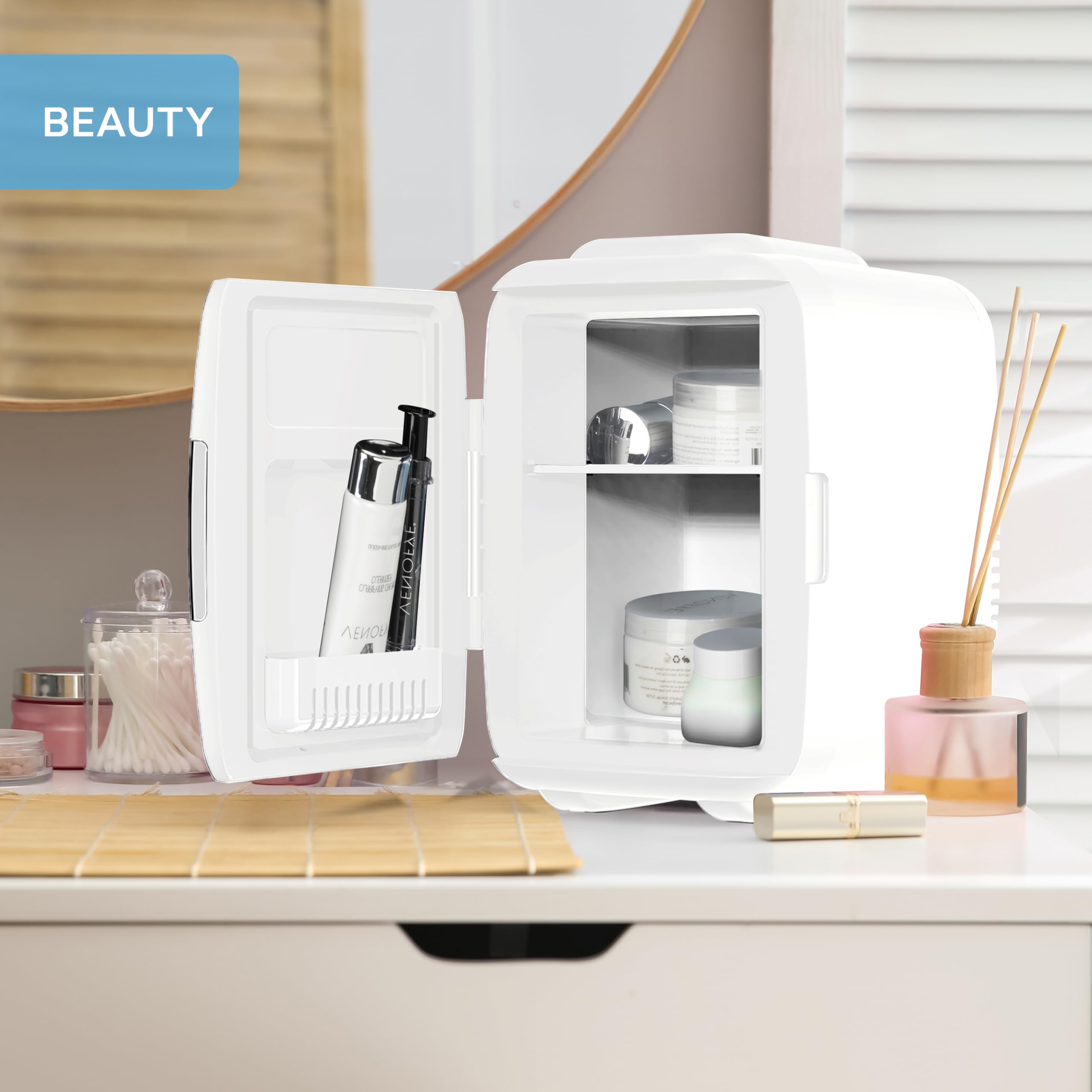 Body Escape Mini Beauty Fridge for Skincare - Birthday Gifts for Her - Retro, Portable, Compact and Quiet Small Fridge for Makeup - 5L - White Mono
