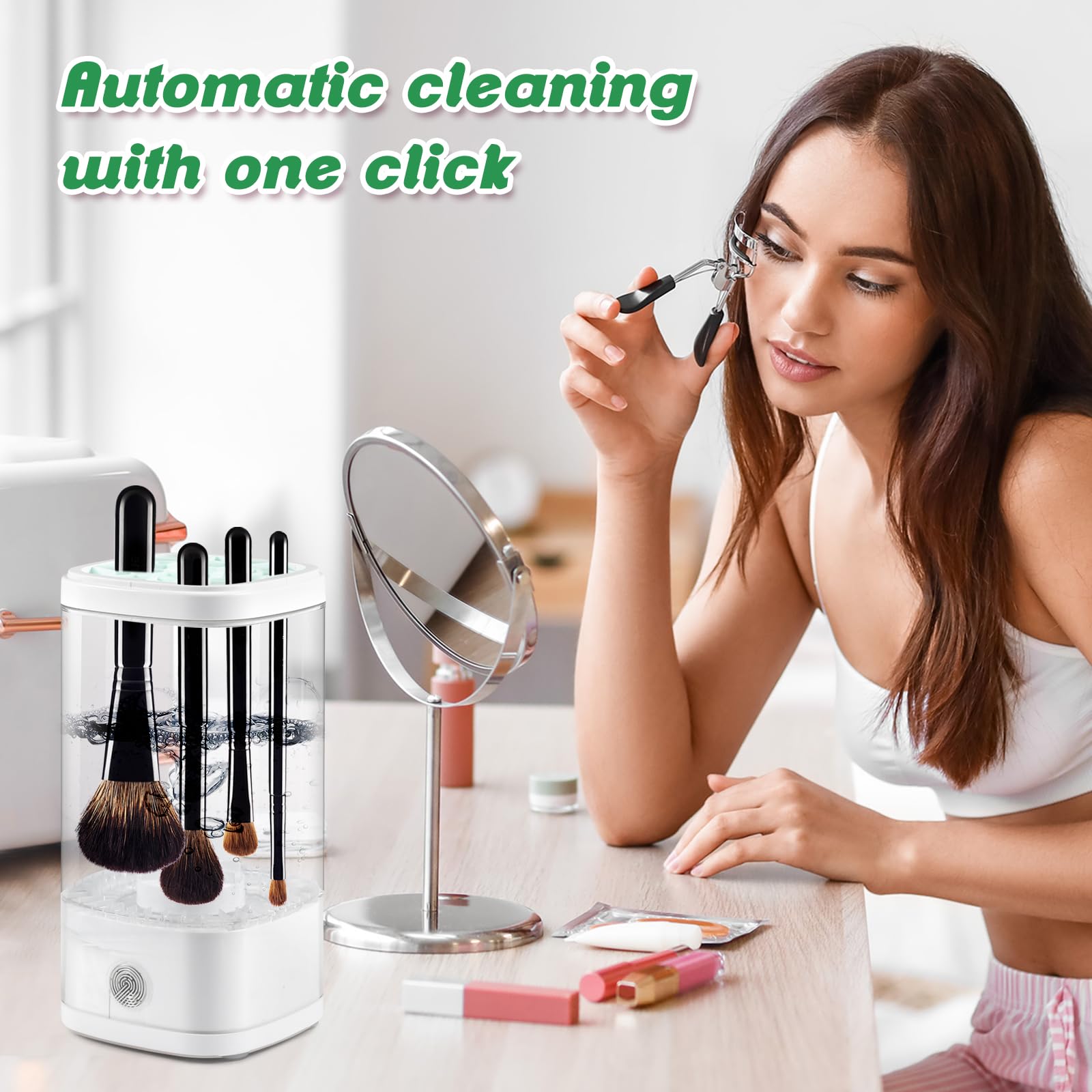 Elettrico Pulisci Pennelli Make Up, Pulitore Pennelli Trucco Elettrico, Automatico Pulizia Pennelli Make Up, USB Pulizia Pennelli Make Up, Rapido Efficiente per la Pulizia Profonda Spazzole (Bianco)