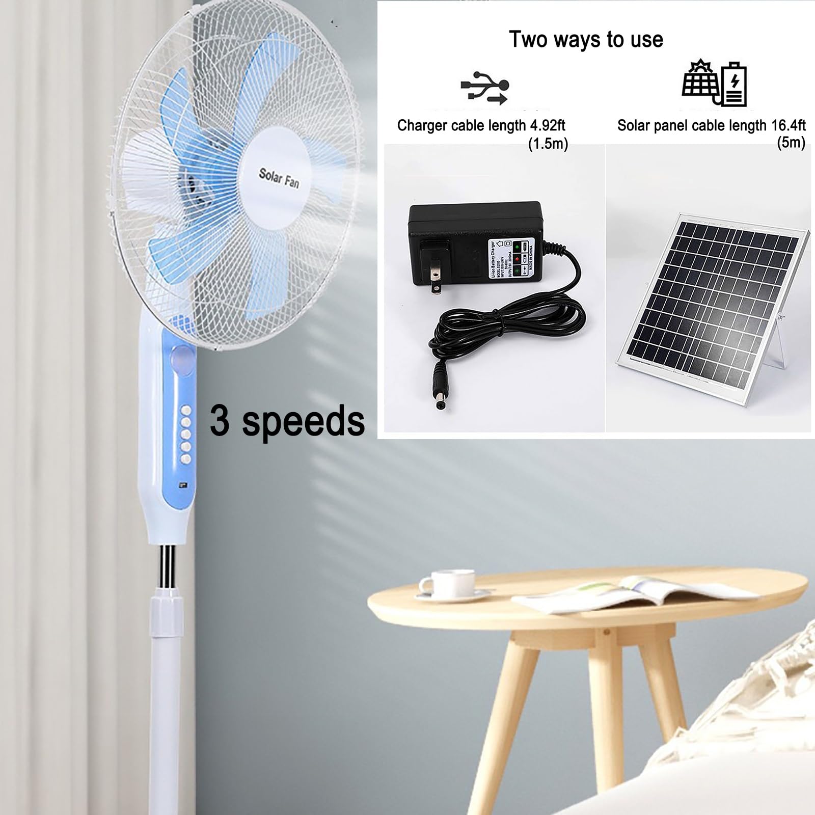 Ventilatore da esterno/ventilatore solare/ventilatore a piantana/ventilatore da pavimento; 3 velocità del vento, batteria da 18000 mAh, pannello solare + adattatore, due metodi di ricarica