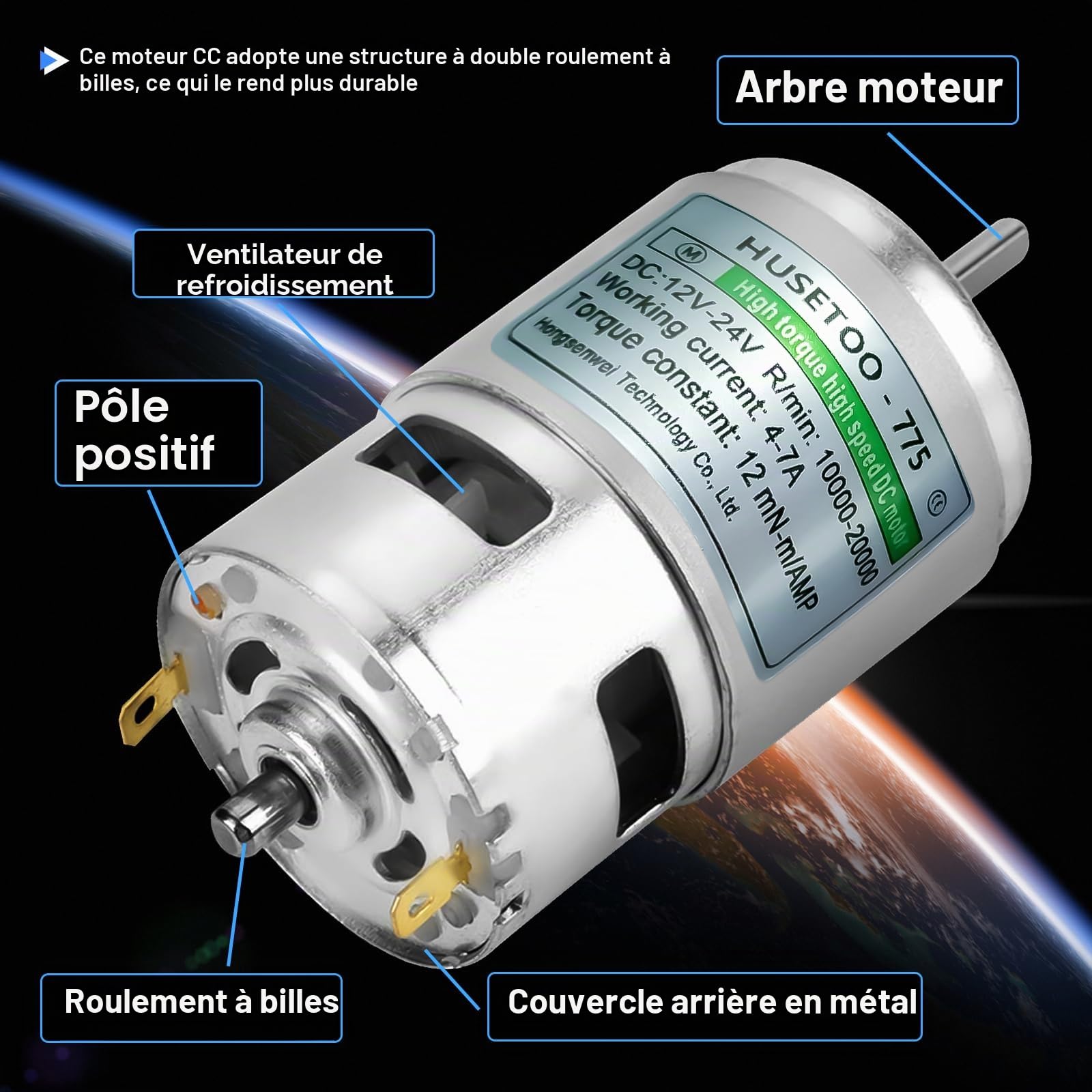 Moteur 775 CC 12 V DC Moteur DC à couple élevé Max 20 000 tr/min Double roulement à billes silencieux Moteur CC (Broche en forme de D -2pcs)