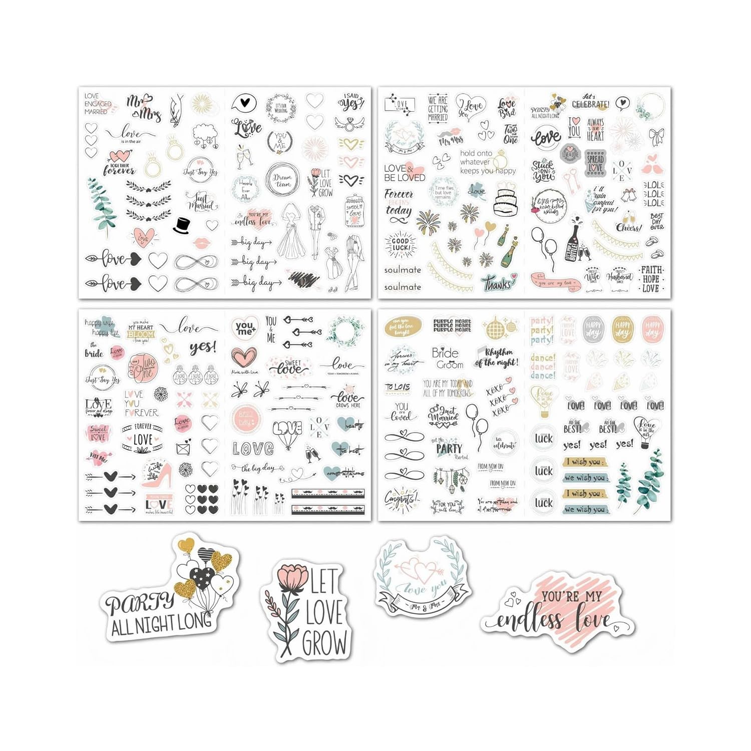 Hopzab 230 Pcs Wedding Stickers Self-Adhesive Love Stickers Personalised Scrapbook Accessories Waterproof for Wedding Decorations Anniversary Guest Book Photo Albums Card DIY