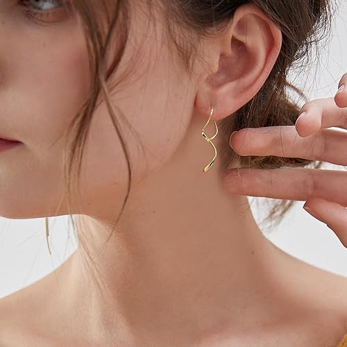 Miniatura 2 de 14K Gold Spiral Threader Earrings Sterling Silver Drop Dangling Handmade Curved Pull Through Earrings