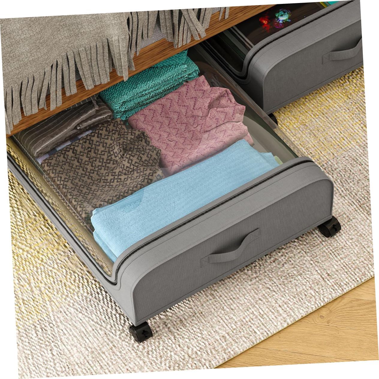 Under Bed Clothes Storage Box with Wheels Large Capacity Lidded Organizer Bin for Quilts Blankets Bedding Gray Transparent Cover