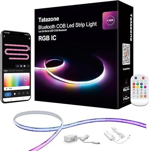 Tira de luz LED COB Bluetooth RGB+IC de 6.56 pies con aplicación, tira de luz COB de persecución, control segmentado, sincronización de música,