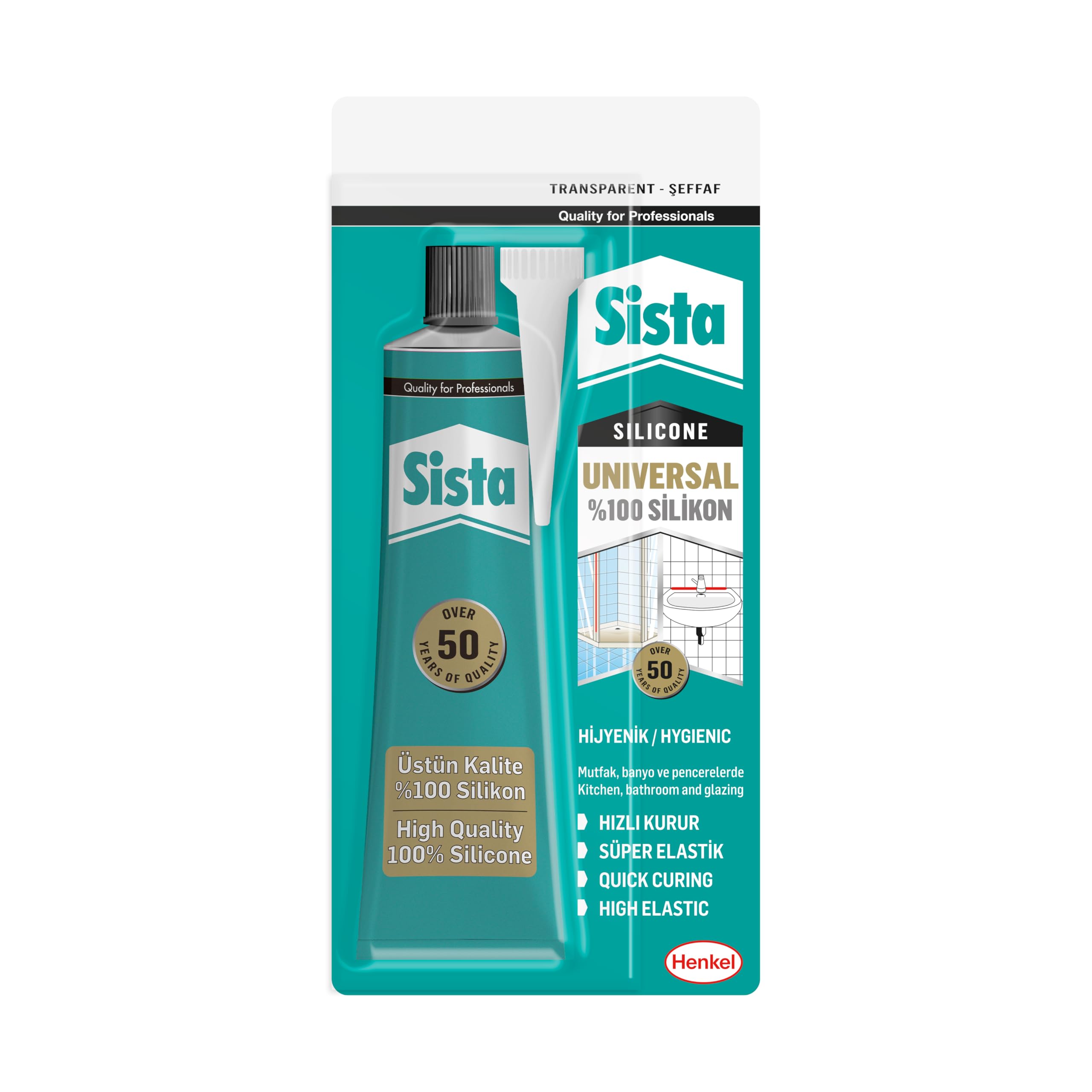 Sista Universal Silikon, Üstün kalite %100 Şeffaf Silikon, Mutfak, Banyo ve Pencereler İçin Hızlı Kuruyan Dolgu Macunu, Sararma ve Küflenme Yapmaz, 50 gr Tüp