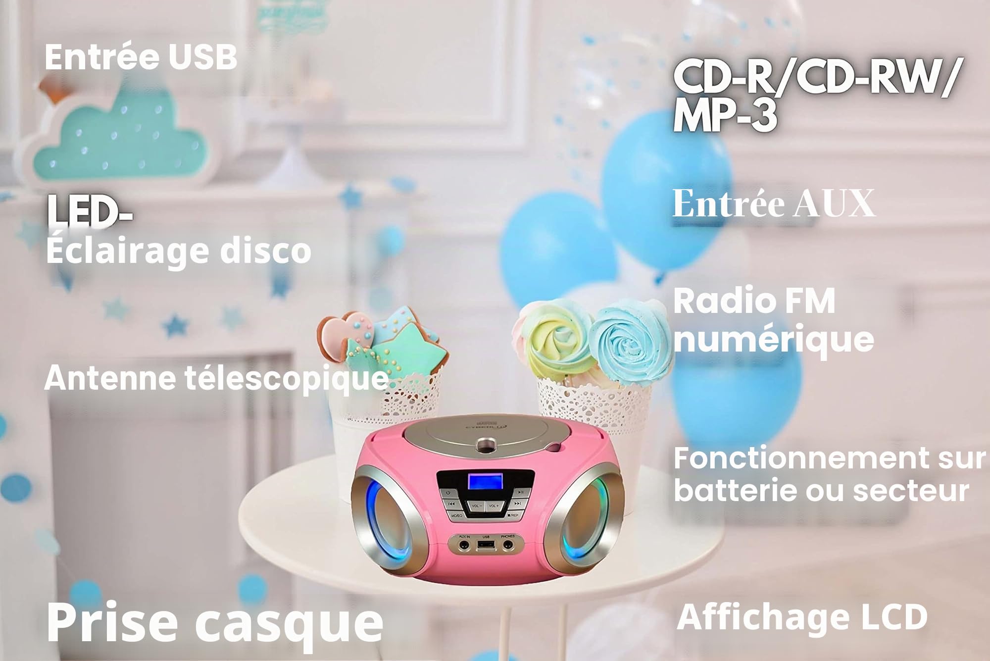 Lecteur CD portable avec radio FM, éclairage LED et USB, prise casque, Aux In - Pretty Kitty Pink