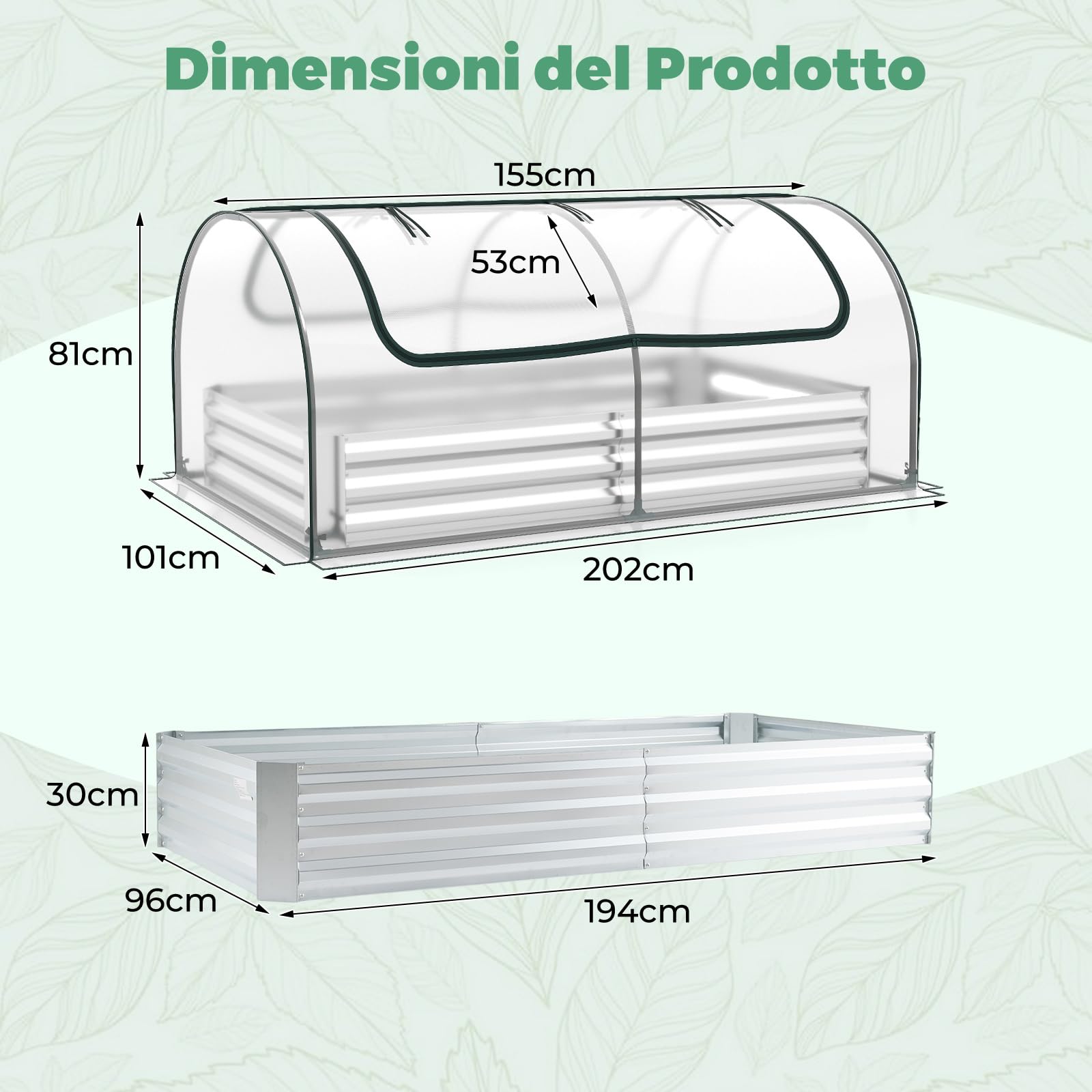 COSTWAY Orto Rialzato Zincato con Serra, Aiuola Senza Fondo con Copertura Trasparente, Fioriere con Finestre Avvolgibili per Giardino e Terrazzo (202 x 101 x 81 cm)