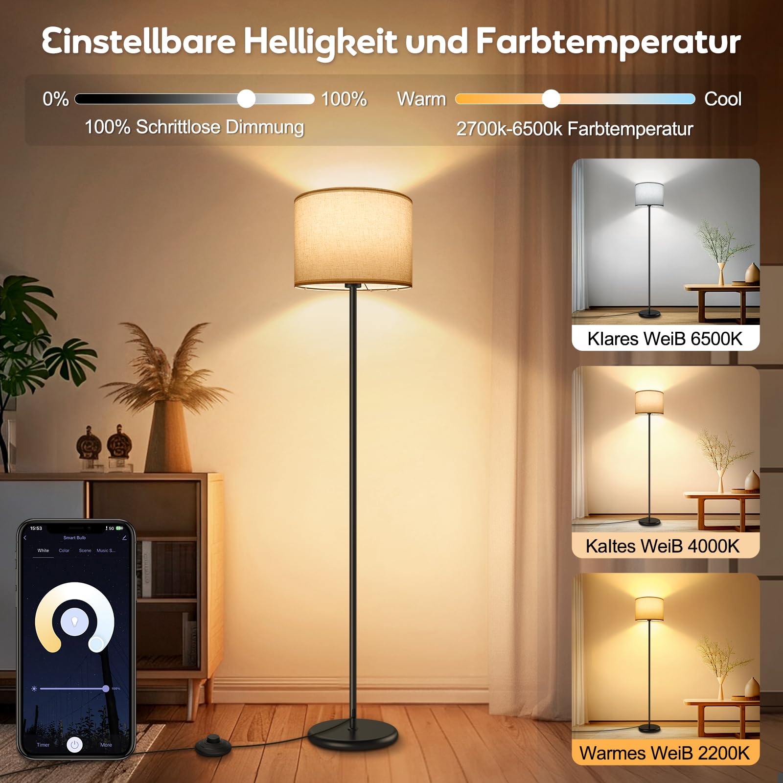 AmazeFun LED Stehlampe Dimmbar, 156cm RGB Stehlampe Wohnzimmer,Steuerbar via App Kompatibel mit Alexa/Google Assistant,16 Millionen Farben,DIY-Modus,Musikmodus & Timing-Funktion, WiFi E27 Standlampe