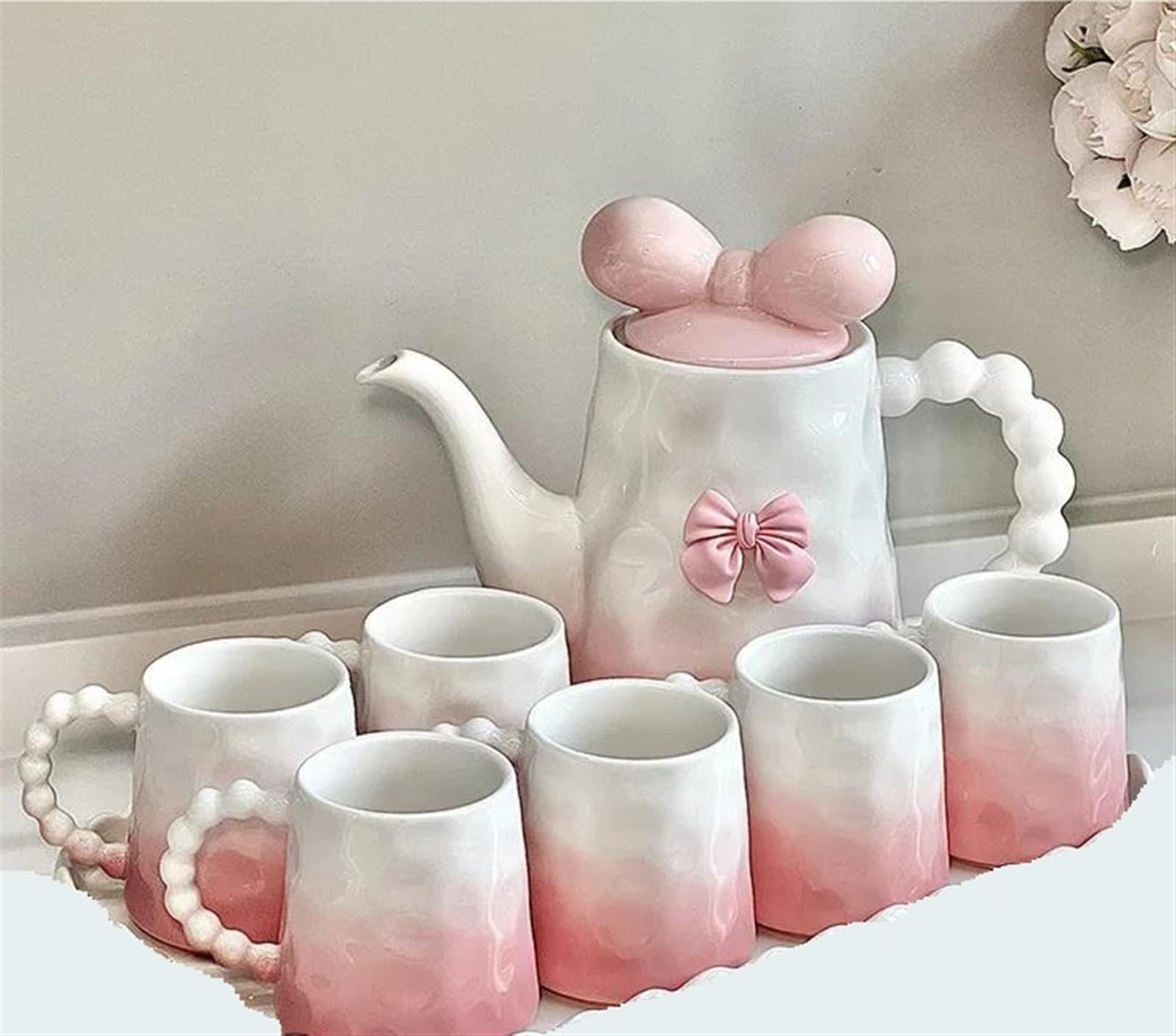 Set Da Tè Per Adulti Casa Bollitore Tazze Di Caffè In Ceramica Latte Mug Teiera Bow Cute Girly Pomeriggio Tazza Tè Set Rosa Gradiente In Tea Set Da Tè Portatili(B)