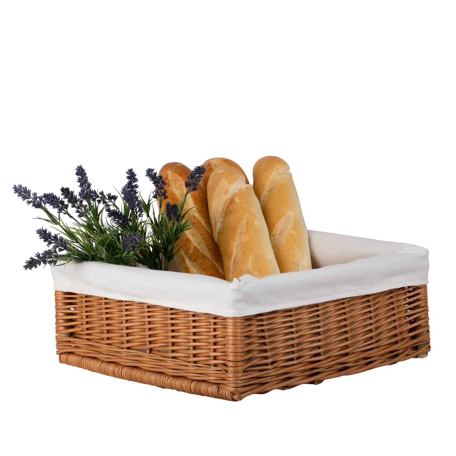 Aufbewahrungskorb, Weidenkorb zum Präsentieren von Brötchen, Präsentationskorb, Tablett, Kiste, Weidenkorb, rechteckig, hell (60 x 40 cm, H12 Futter)