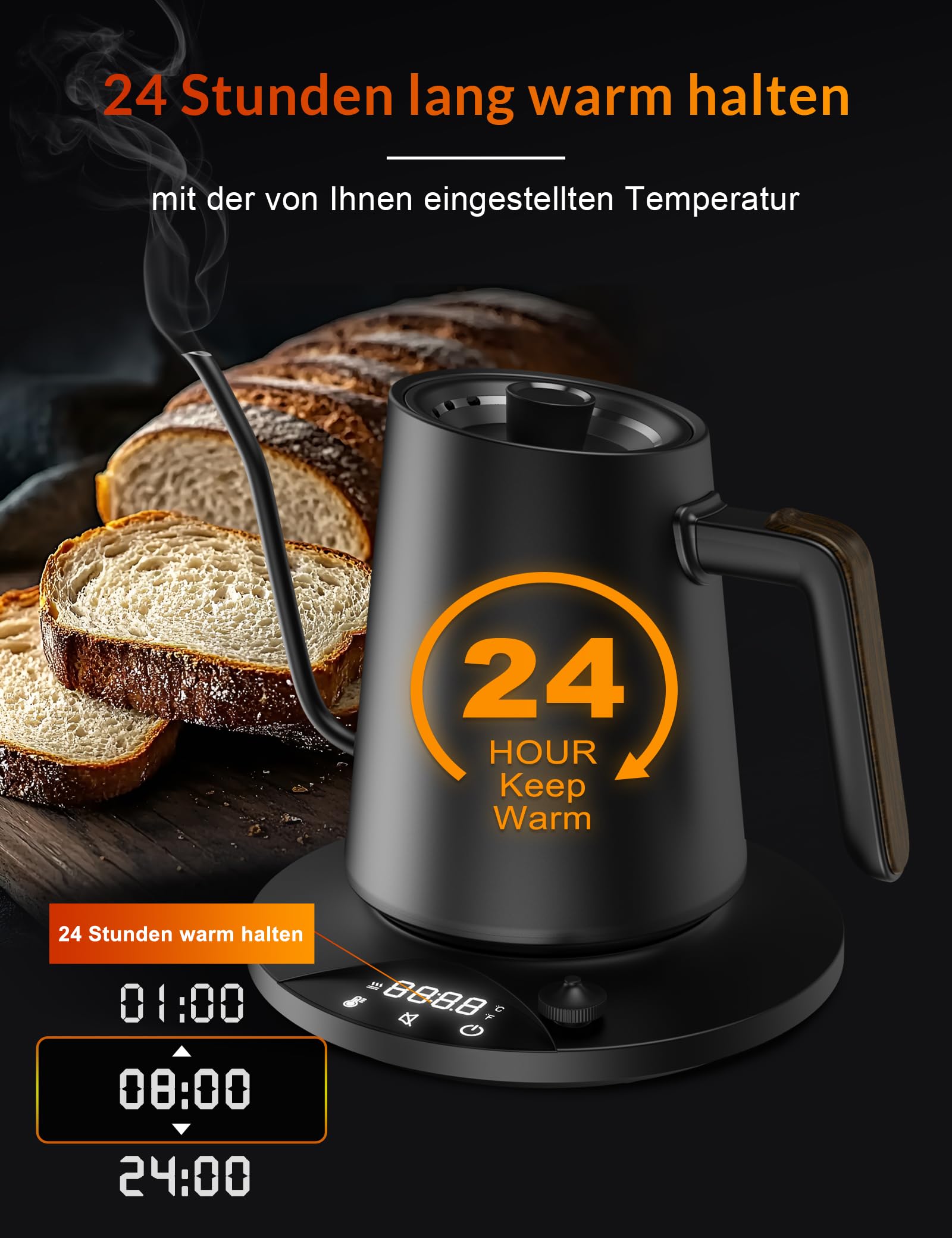 Schwanenhals Wasserkocher,1200W Elektrischer Kaffeekessel aus Edelstahl,Temperatureinstellung mit 24H Wärmefunktion,für Filterkaffee und Tee