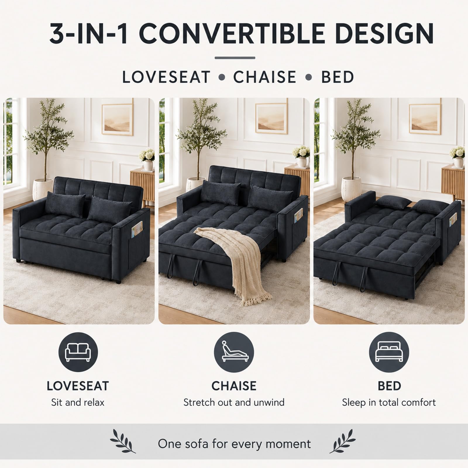3 in 1 Pull Out Couch Bed, Convertible Futon Sofa Bed, Velvet Sleeper Loveseat for Small Living Room, Adjustable Backrest, Comfy Pillows, Side Pocket (Black)