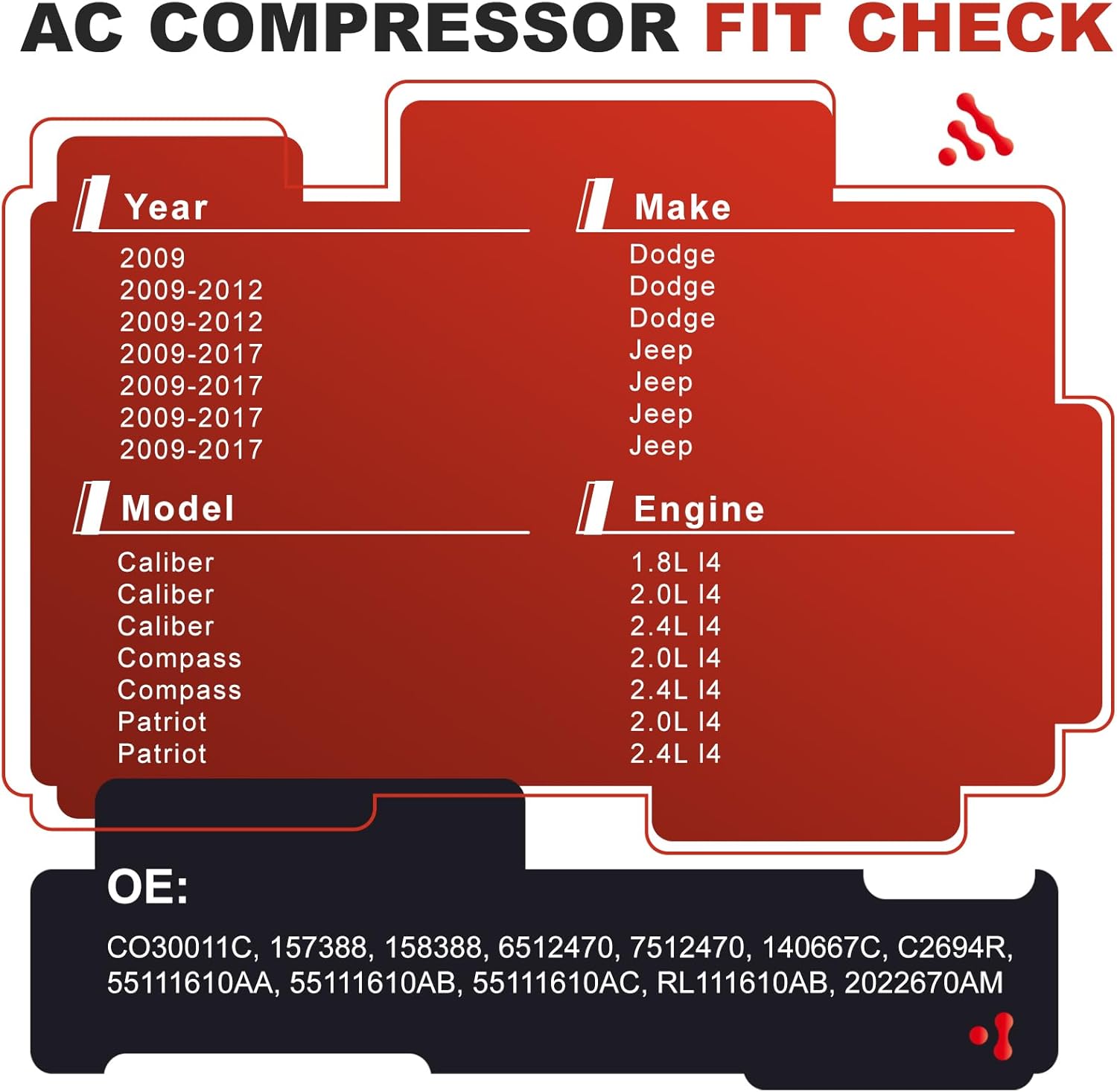 AC Compressor for 2009-2017 Dodge Caliber/Jeep Compass & Patriot | OE Replaces CO30011C, 55111610AA, 157388, 158388 | A/C Compressor & Kit | Restores Powerful Cooling