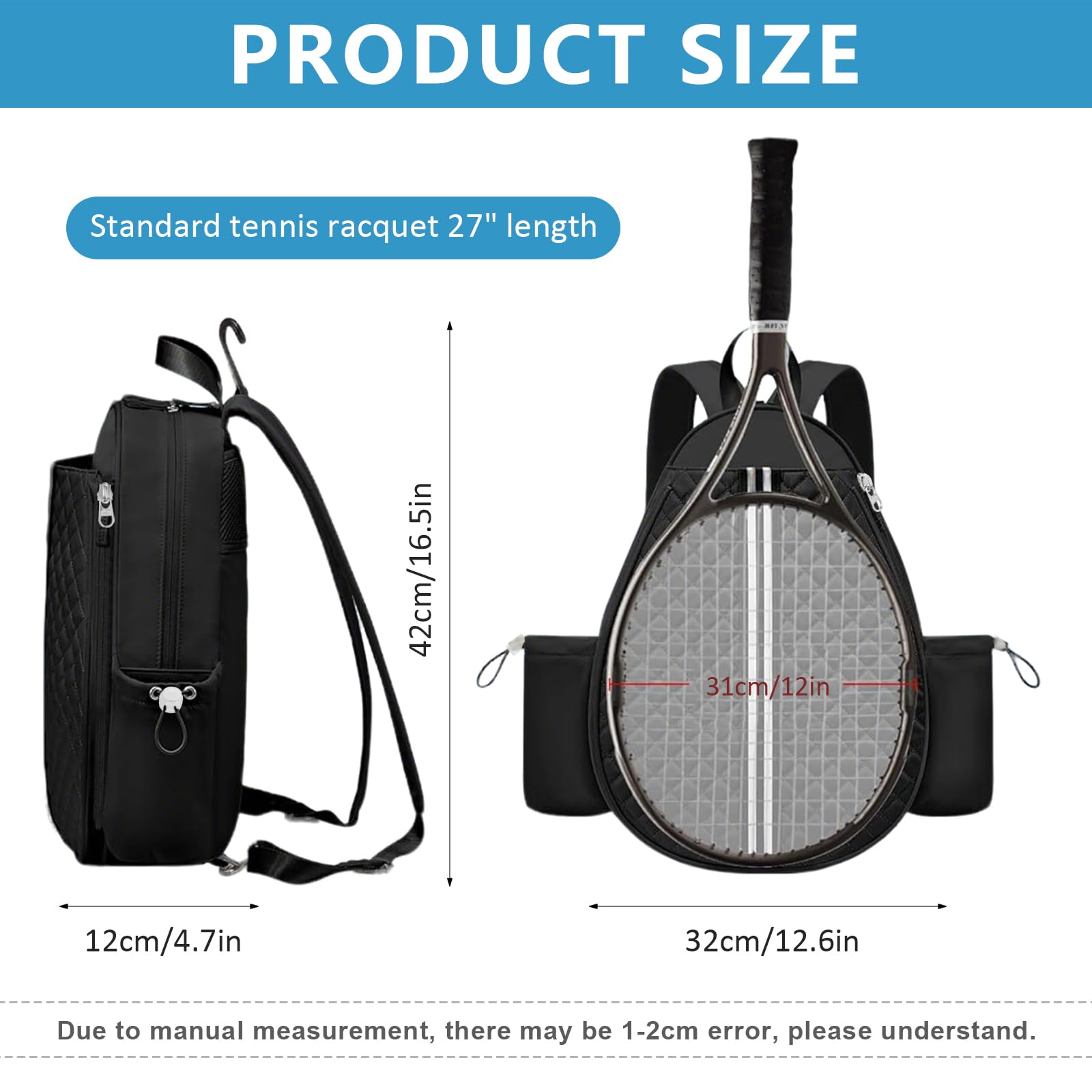 Generisch Zaino da tennis, borsa da tennis da donna e uomo, zaino da tennis per 2 racchette da tennis, impermeabile, zaino sportivo, borsa da badminton per pickleball, tennis e badminton
