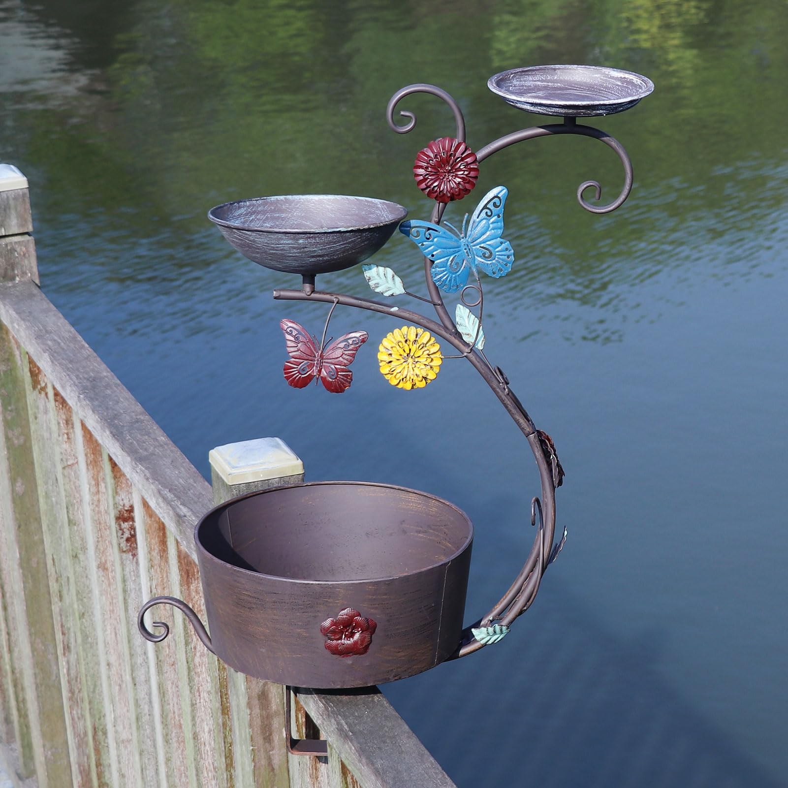 HLQMFHT Baño para pájaros de cubierta, baño para pájaros y comedero para pájaros, pedestal para plantar flores, baño para pájaros montado en la cubierta, para jardín, balcón, patio, decoración de