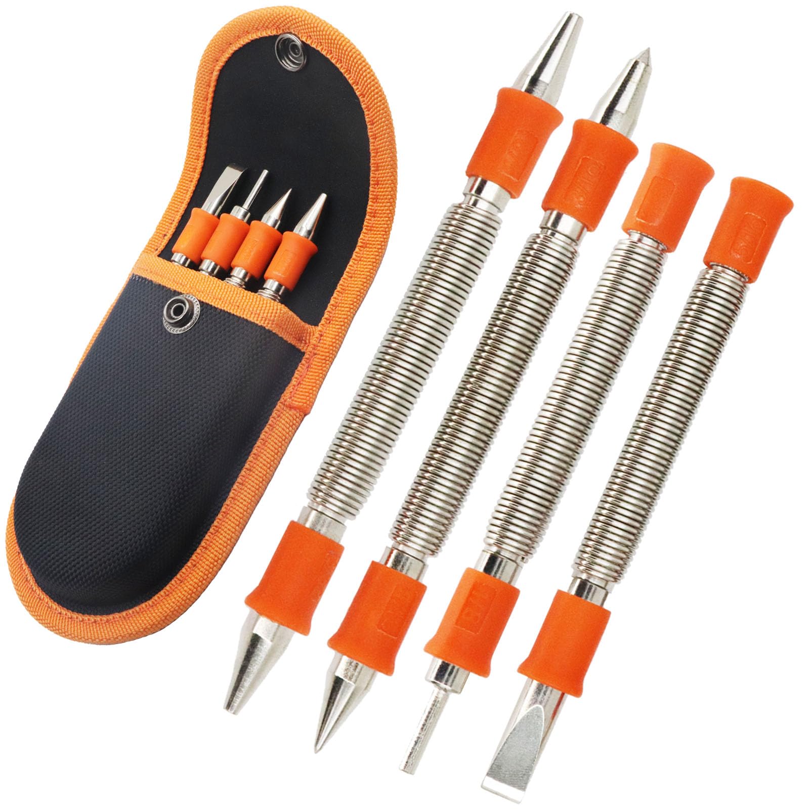WHLLING 4 Pieces Dual Head Nail Setter, Dual Head Center Punch, Door Hinge Pin Removal Tool and Cold Chisel, Spring Nail Set, Spring Loaded Punch（1/8-
