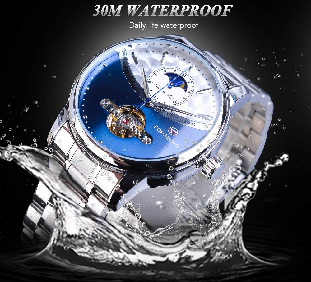 MASTOP Herren Automatik Analog Uhr Mode Skelett Tourbillon Wasserdicht Mondphase Edelstahl Mechanische Uhr