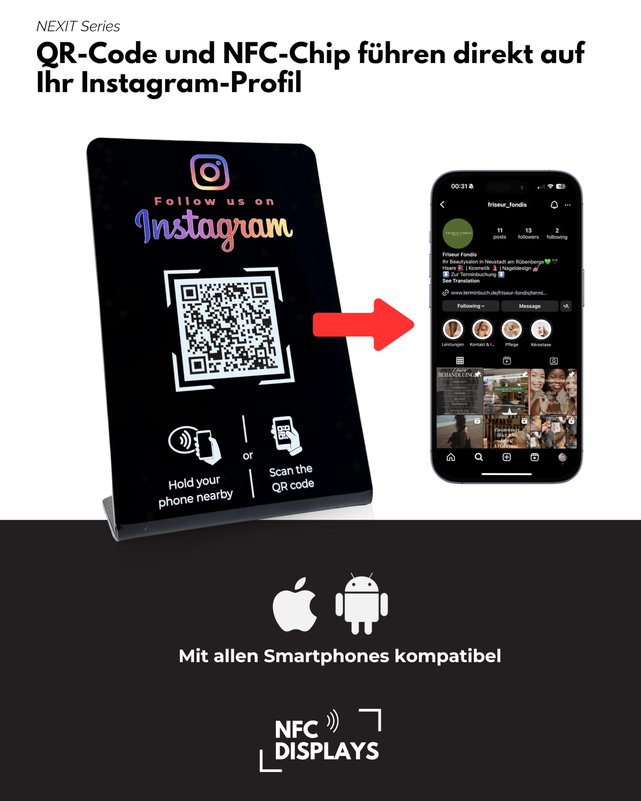 Aufsteller für Instagram mit QR-Code und NFC-Chip (Englisch) 16,5 x 10,5cm - schwarz