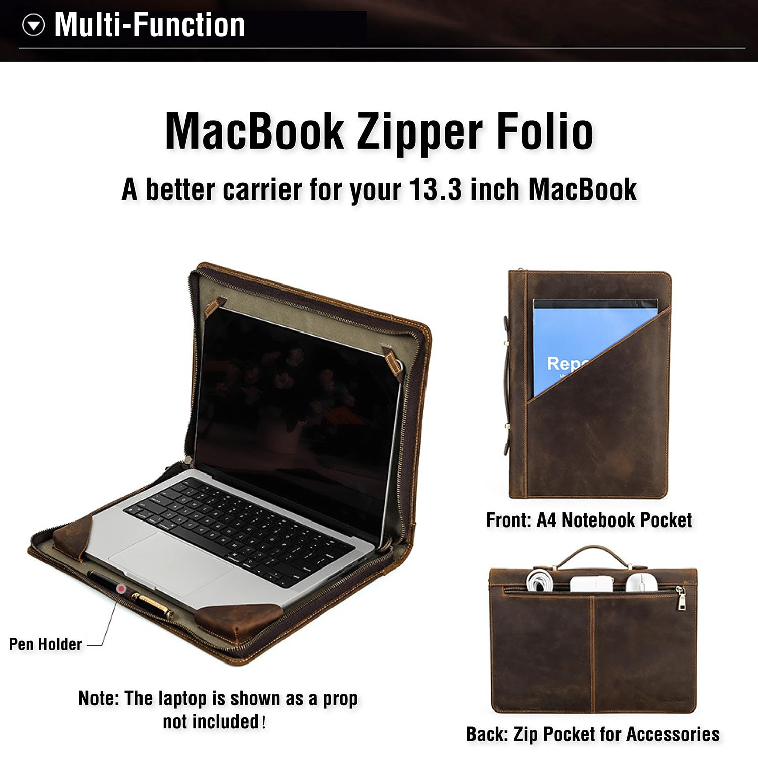 Top Grain Leather Slim Laptop Zipper Folio Case Retro Design Handmade & 2 Pockets, Compatible with MacBook Pro 33.8 cm MacBook Air M1/M2 ZenBook 33.8 cm & Other PC, Oil Coffee 13.3 Inch